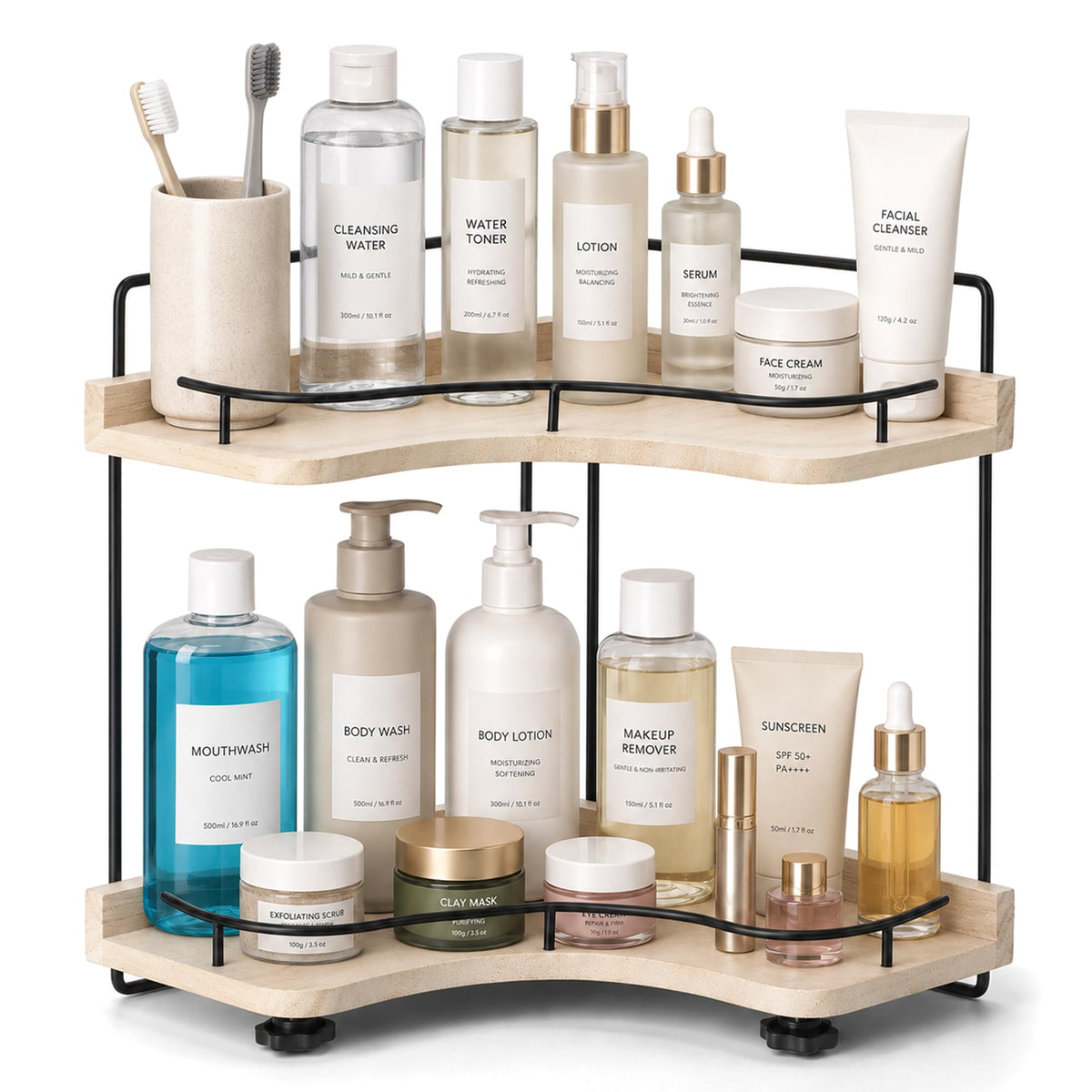 YarenLivo 2Tier Bathroom Counter Organizer, Solid Wood Corner Shelf for Vanity Countertop, Skincare & Makeup Storage Organizer 