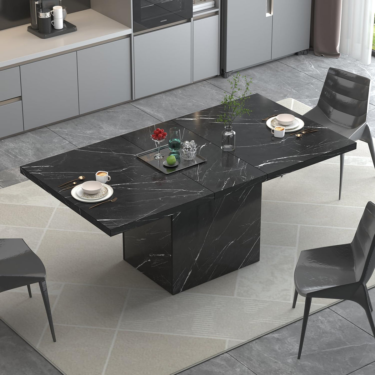 Hsh 55 Inch Modern Black Faux Marble Dining Table, Rectangle With Heavy Duty Pedestal, Industrial Wood Dinner Table For Home Liv