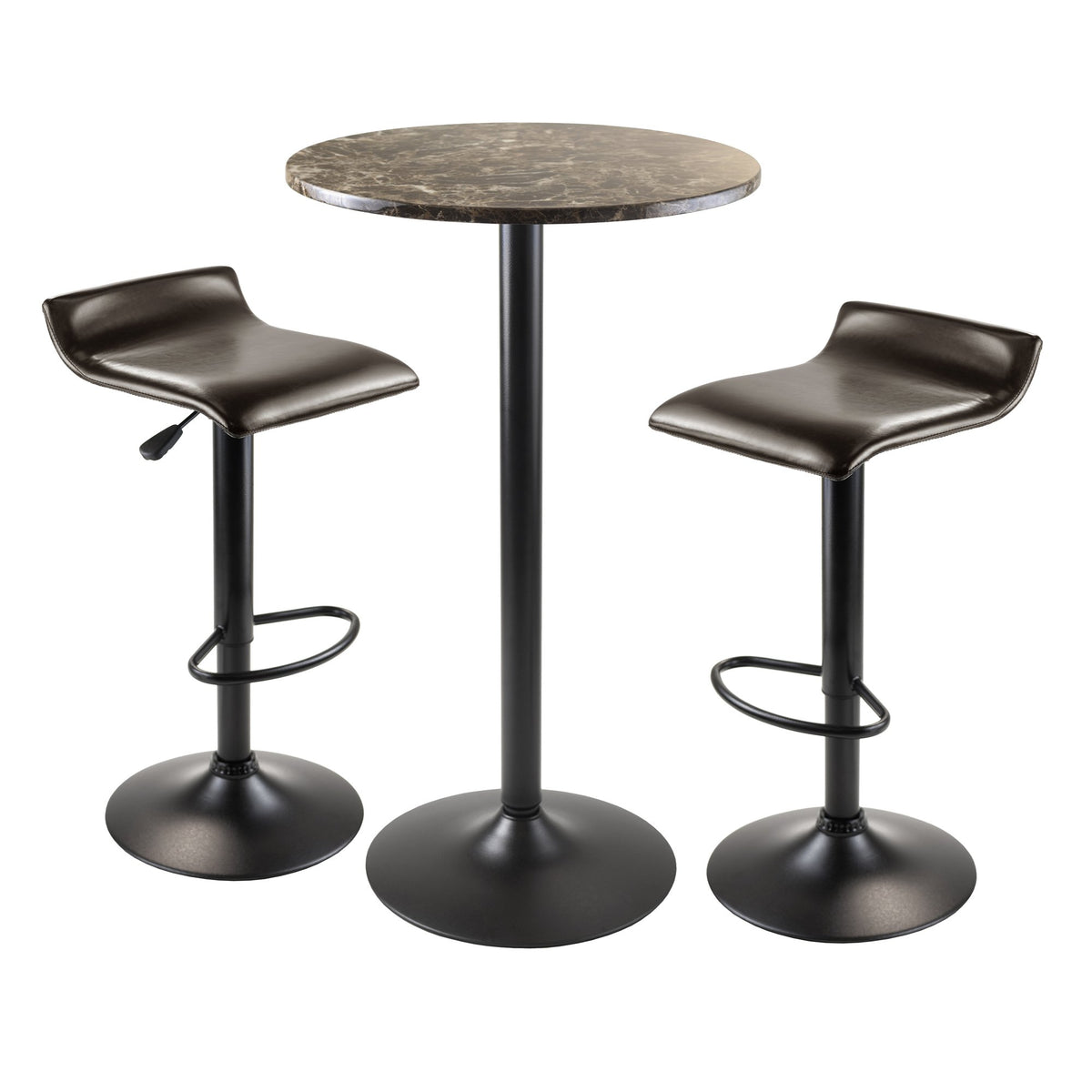 3pc Pub Table Set with Faux Marble Top, Adjustable Swivel Stools - Brown Tones, Black Metal Base - Easy Assembly - 23.6" W x 23.6" D x 40" H