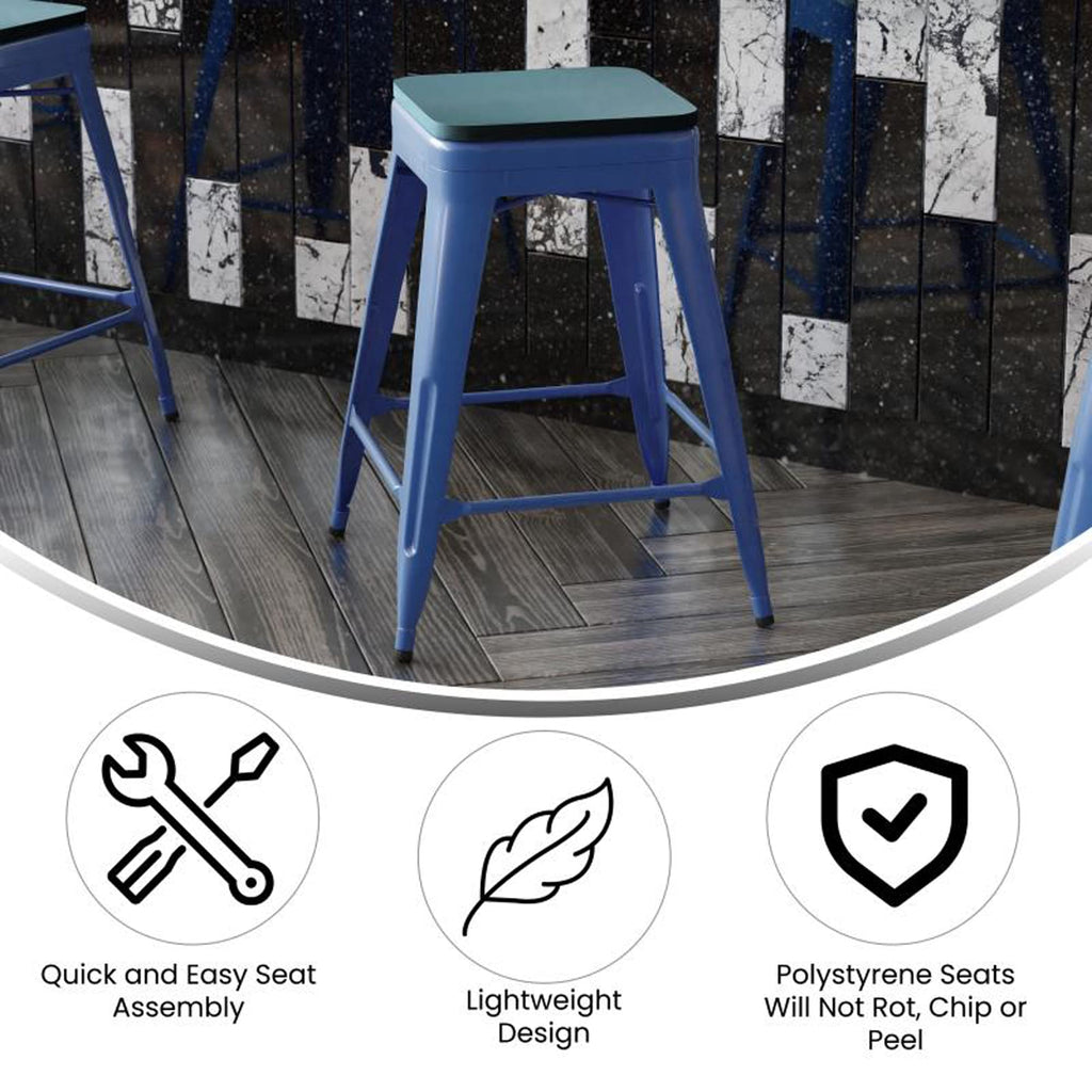 Flash Furniture Kai Commercial Grade Indoor-Outdoor Counter Height Stool - Blue Metal Frame - Teal Blue Poly Resin Seat - 24" High - Backless