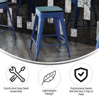 Flash Furniture Kai Commercial Grade Indoor-Outdoor Counter Height Stool - Blue Metal Frame - Teal Blue Poly Resin Seat - 24" High - Backless