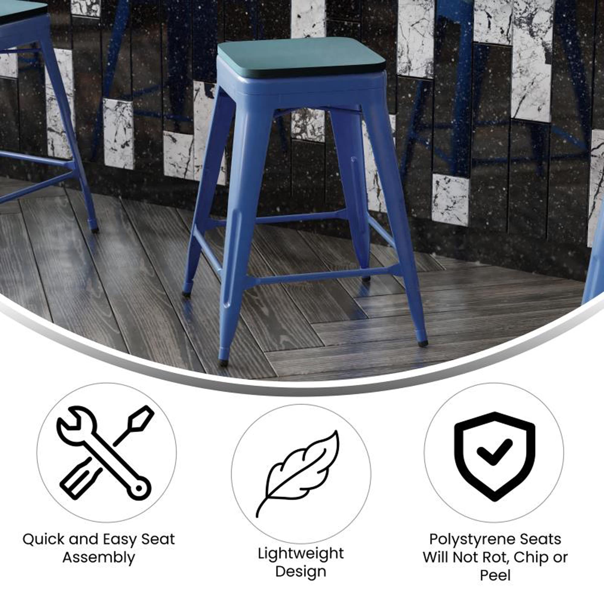 Flash Furniture Kai Commercial Grade Indoor-Outdoor Counter Height Stool - Blue Metal Frame - Teal Blue Poly Resin Seat - 24" High - Backless