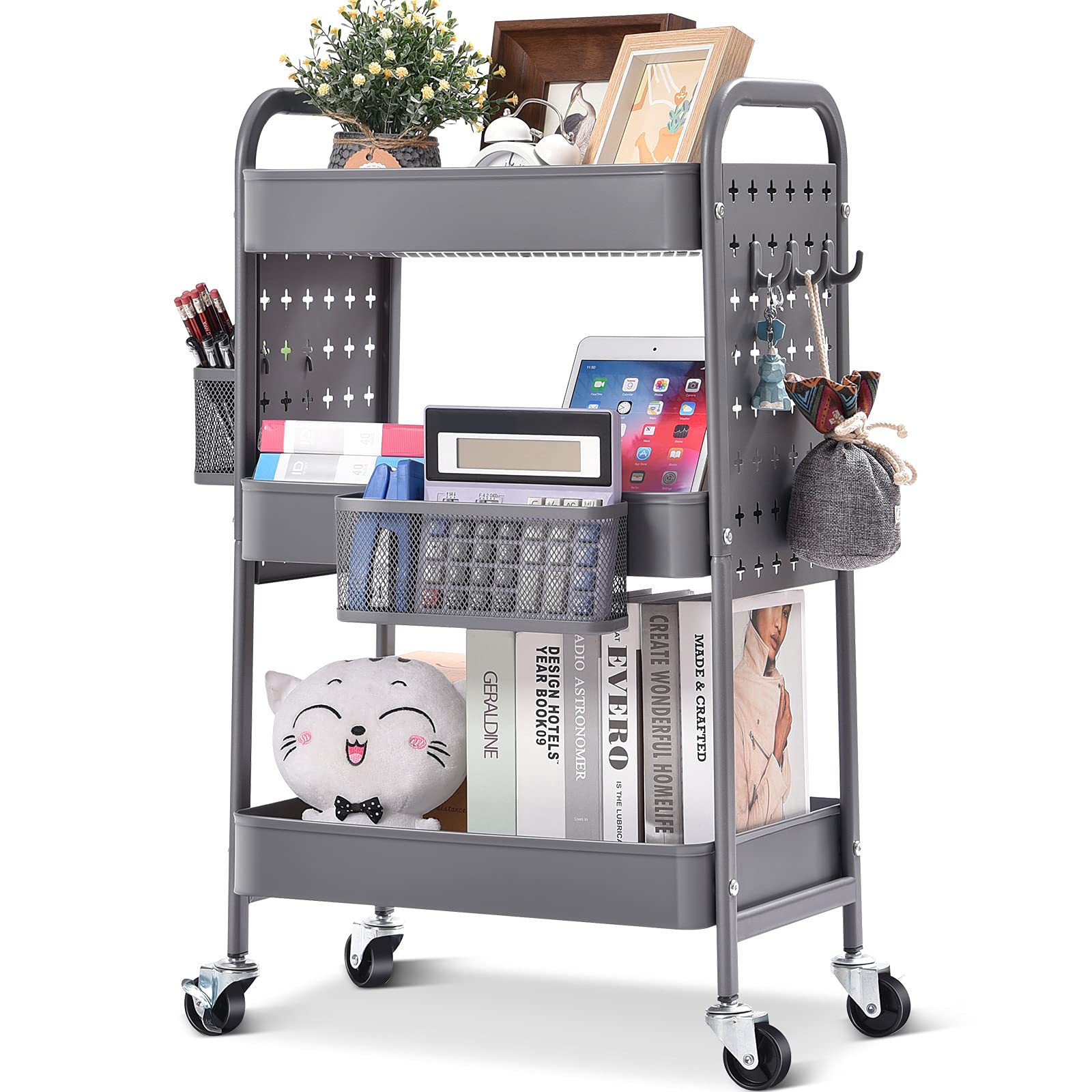 Toolf 3-Tier Storage Cart, Utility Rolling Cart With Diy Dual Pegboards, Art Craft Trolley With Removable Baskets Hooks, Organizer Serving Cart Easy Assemble For Office, Home, Kitchen, Hospital,Grey