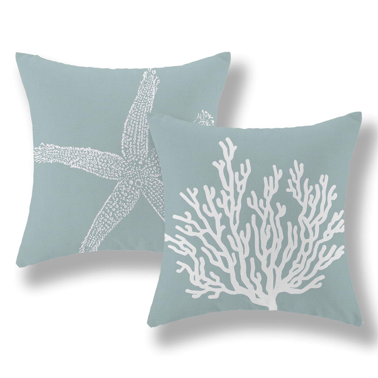 Golianda Coastal Pillow Covers 18X18 Inch Set Of 2 Blue Coral Starfish Throw Pillows Nautical Ocean Decorations Summer Linen Bea