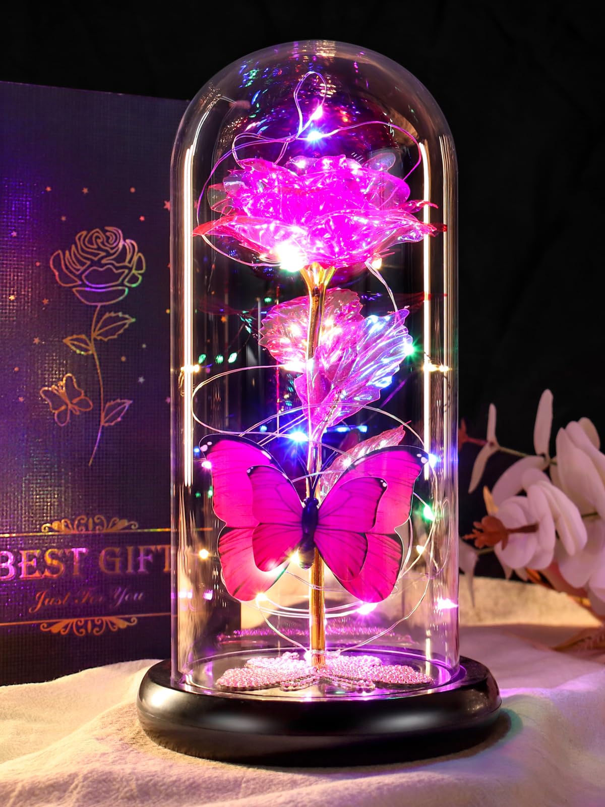 DEEMEI Birthday Gifts for Women Pink Rose Eternal Flower Light Up Rose in Glass Dome Mothers Day Rose Gifts for Grandma Daughter
