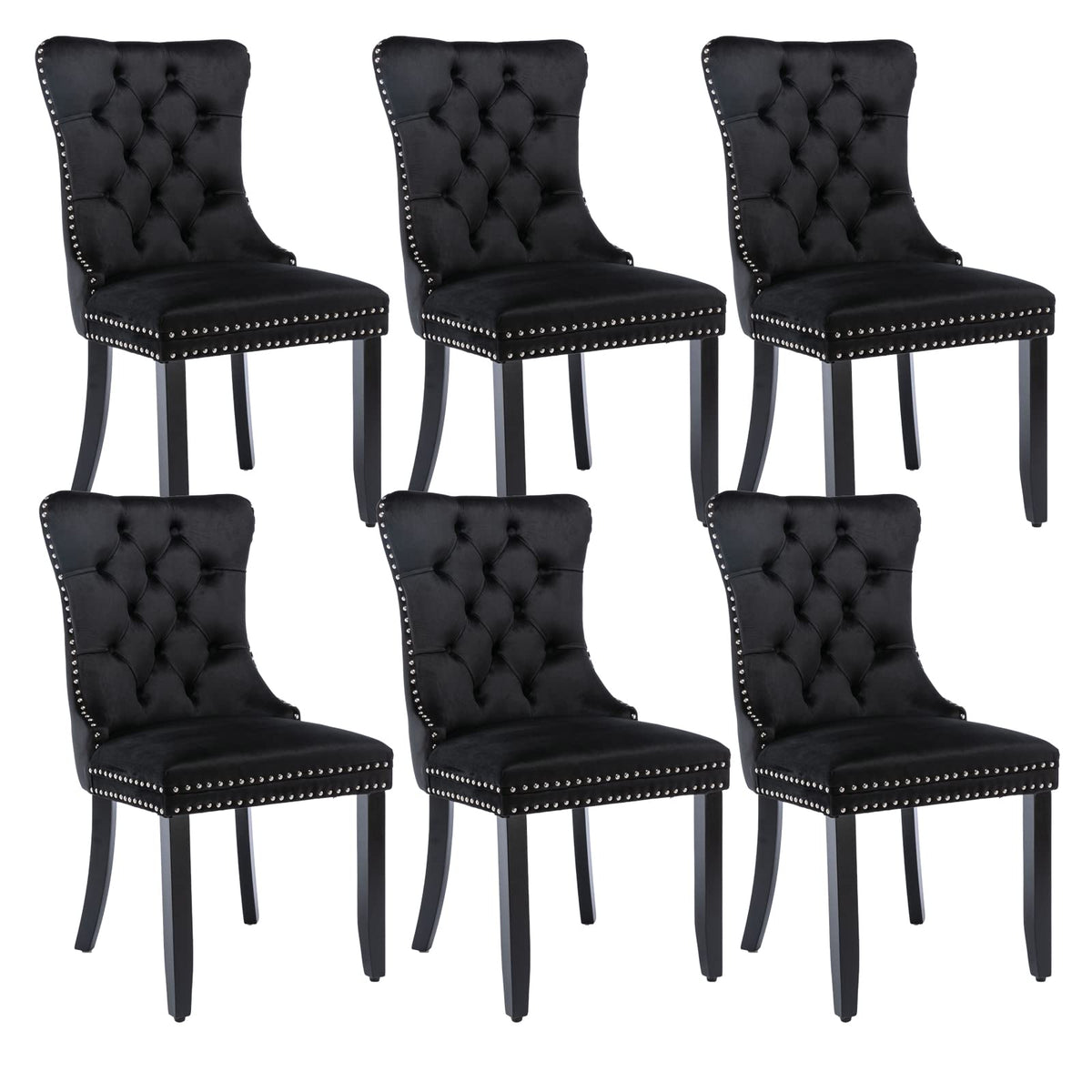 Black Dining Chairs Set Of 6, Upholstered Velvet Dining Room Chairs With Back Ring Pull Trim And Solid Wood Legs,Modern Dining C