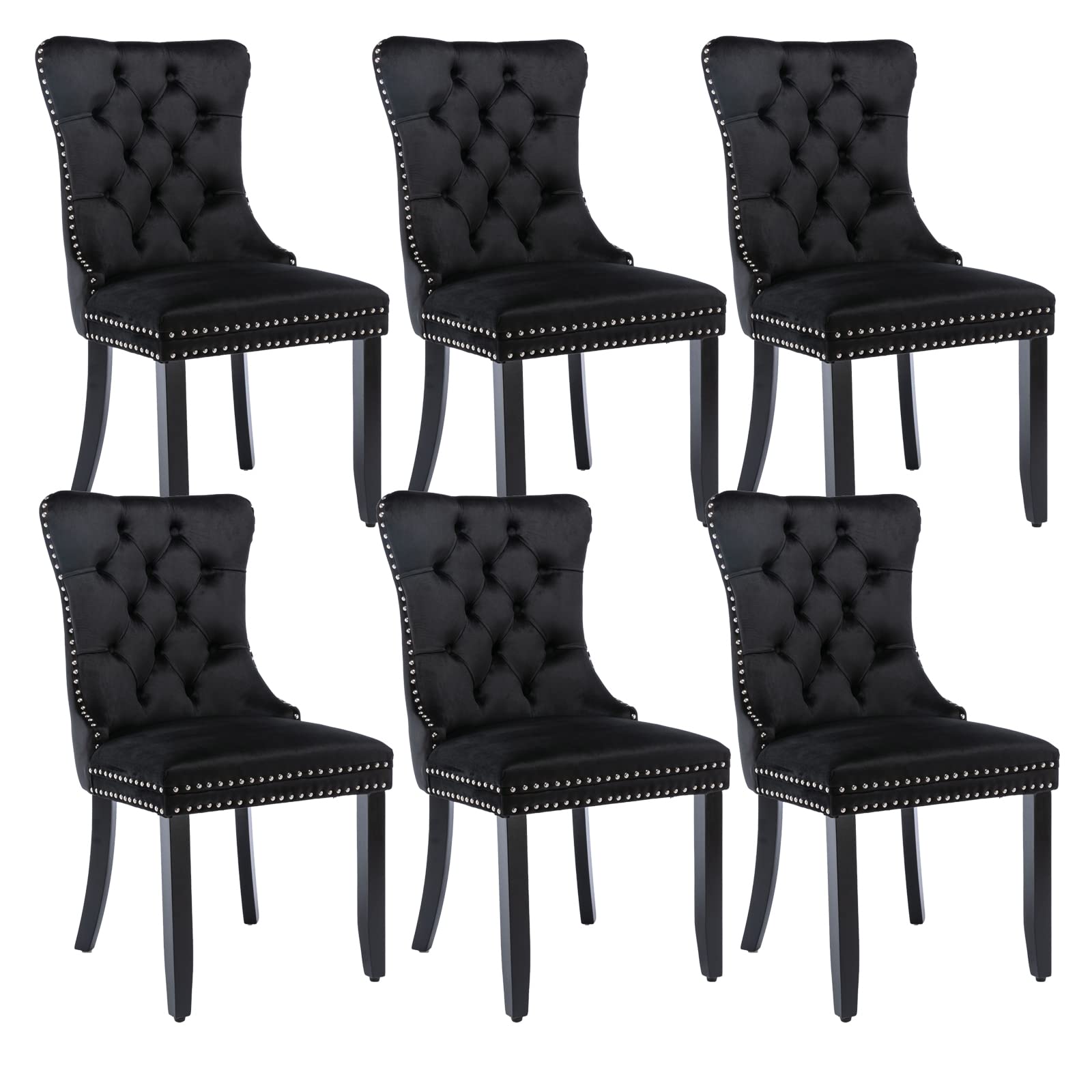 Black Dining Chairs Set Of 6, Upholstered Velvet Dining Room Chairs With Back Ring Pull Trim And Solid Wood Legs,Modern Dining C