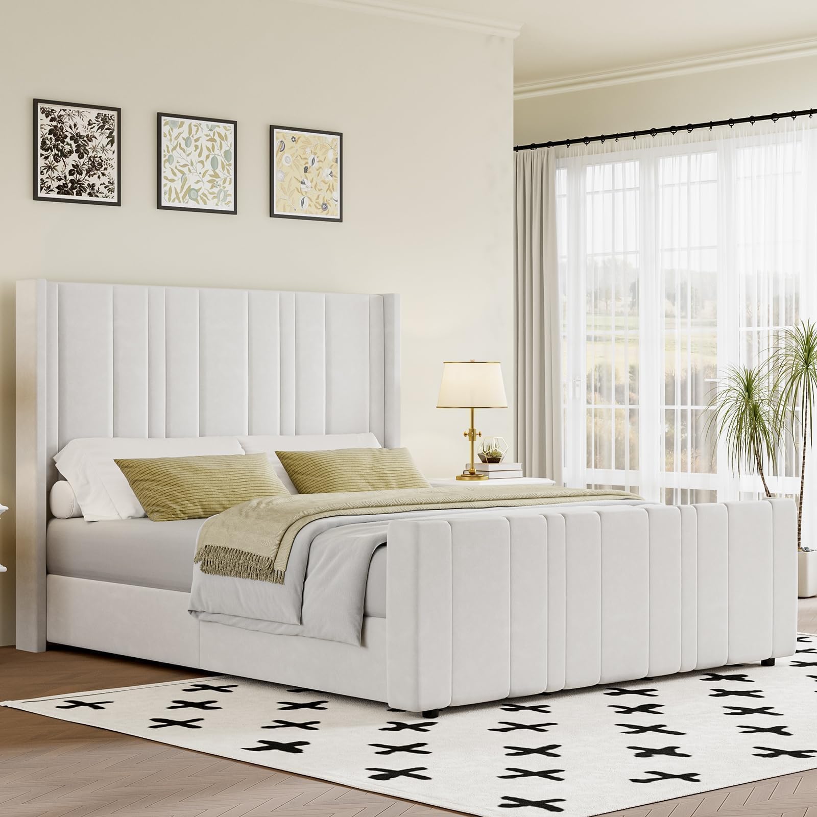 HOMBCK Full Size Bed Frame with Headboard, Soft Velvet Upholstered Bed Frame with Woodeb Slats, Vertical Channel Tufted Design H