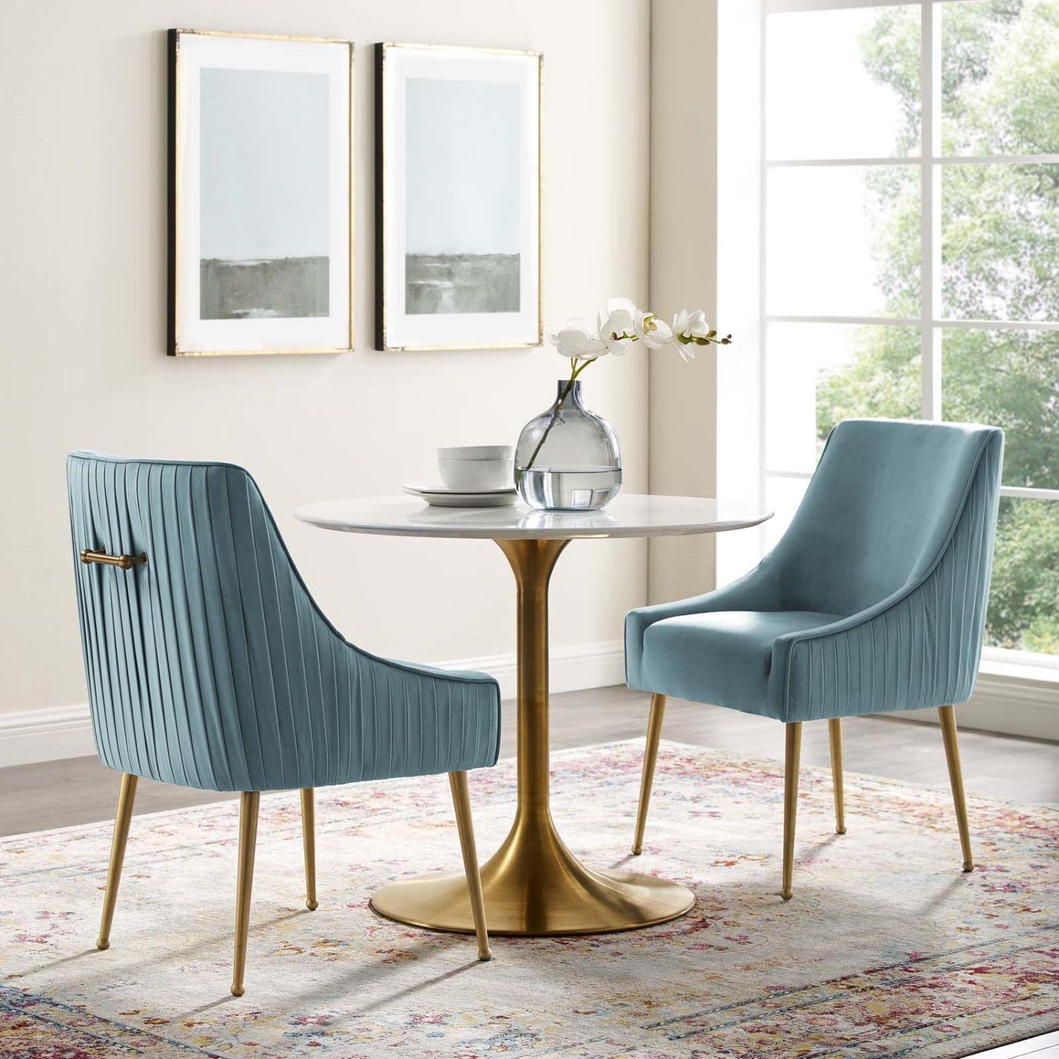 Modway Discern Pleated Back Upholstered Performance Velvet Dining Chair Set Of 2, Light Blue