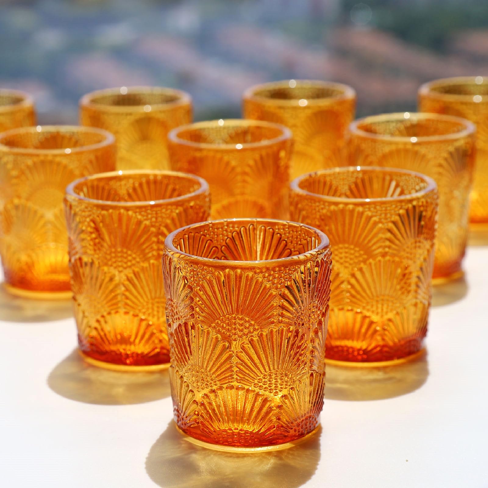 Woho 12Pcs Amber Votive Candle Holders, Glass Amber Candle Holder for Fall Wedding, Boho Tea Lights Candle Holder for Halloween 
