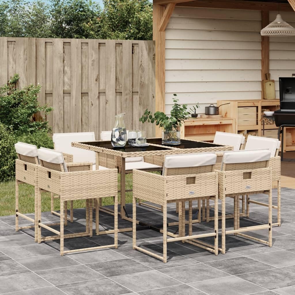 vidaXL Patio Dining Set 9 Piece - Beige PE Rattan, Glass Tabletop, Cushions Included, Outdoor/Garden Furniture, Foldable Chairs **Product Subtitle 50:** Space-Saving Design Washable Covers