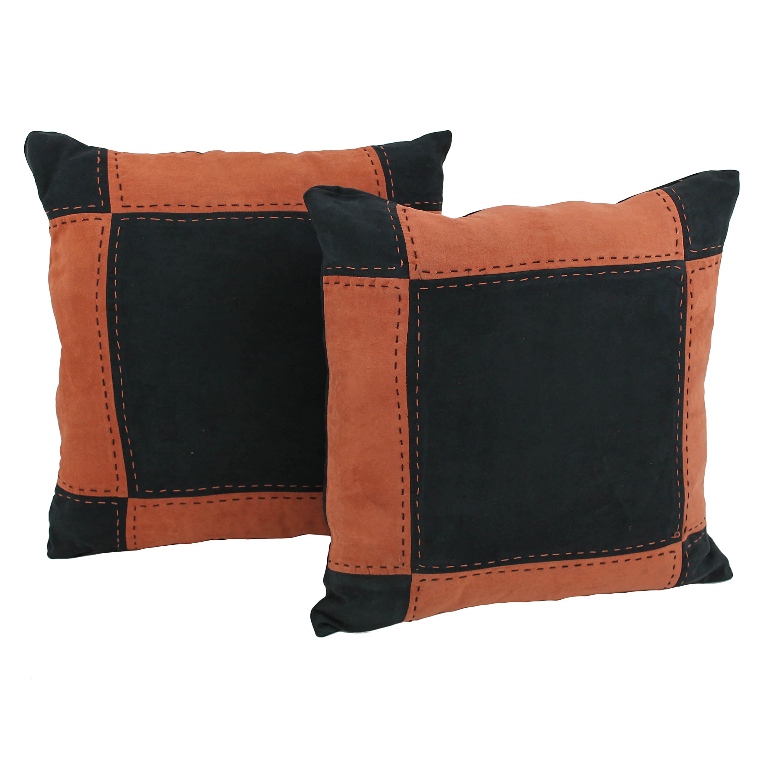 Blazing Needles 18-inch Patchwork Microsuede Square Throw Pillow, Black/Spice 2 Count
