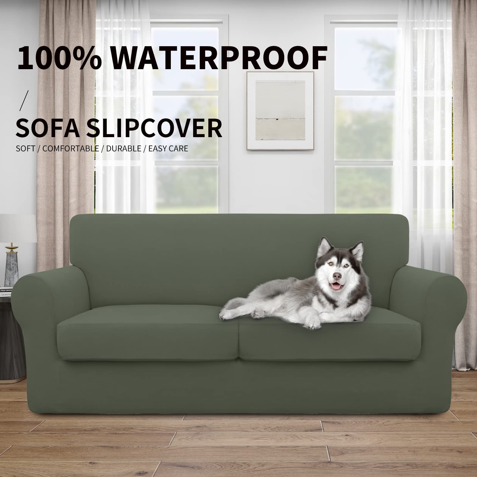 Easy-Going 100% Dual Waterproof Oversized Loveseat Cover Stretch Soft Couch Cover For Dogs, Sofa Slipcover For 2 Separate Cushion Couch Leakproof Furniture Protector Grayish Green