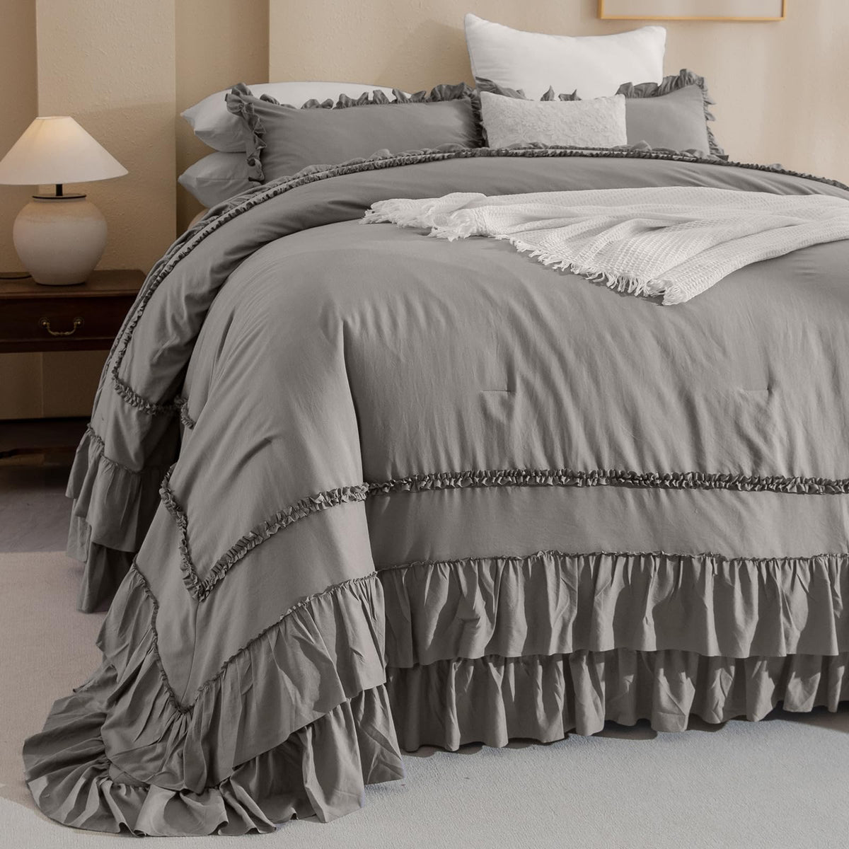Masaca Grey Oversized King Comforter Set 128X120,Shabby Boho Chic Ruffle Bedding Comforter Extra Large King Size,French Country
