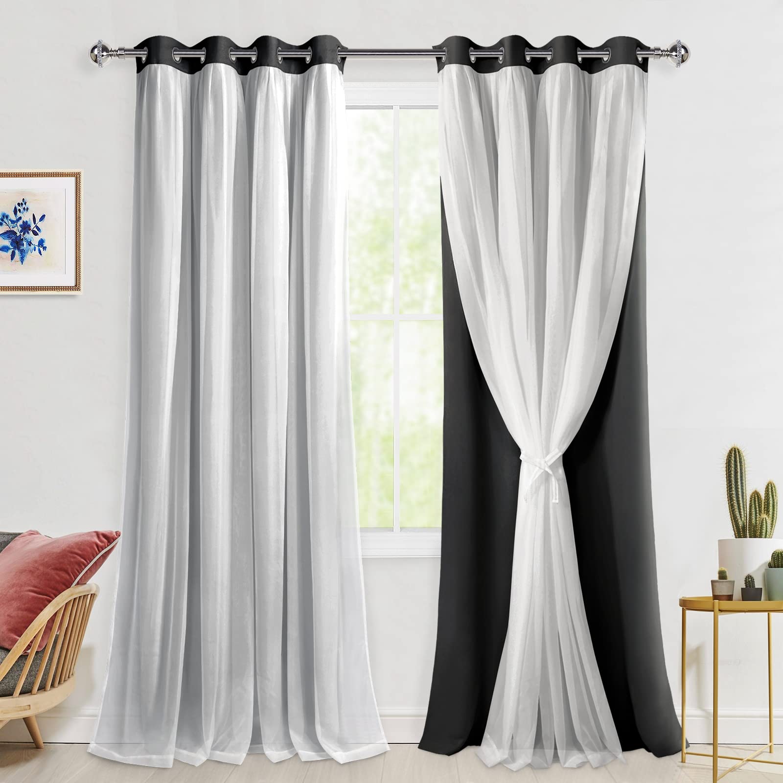 Hiasan Black Blackout Curtains with White Sheer, Mix & Match Double-Layer Thermal Insulated Sun Blocking Grommet Window Curtains