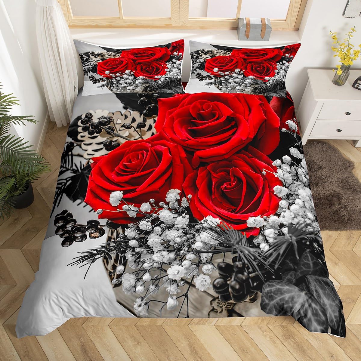 Rose Floral Bedding Set Queen Size, Romantic Red Flowers Duvet Cover For Girls Women Kids Teens, Vintage Farmhouse Style Comfort
