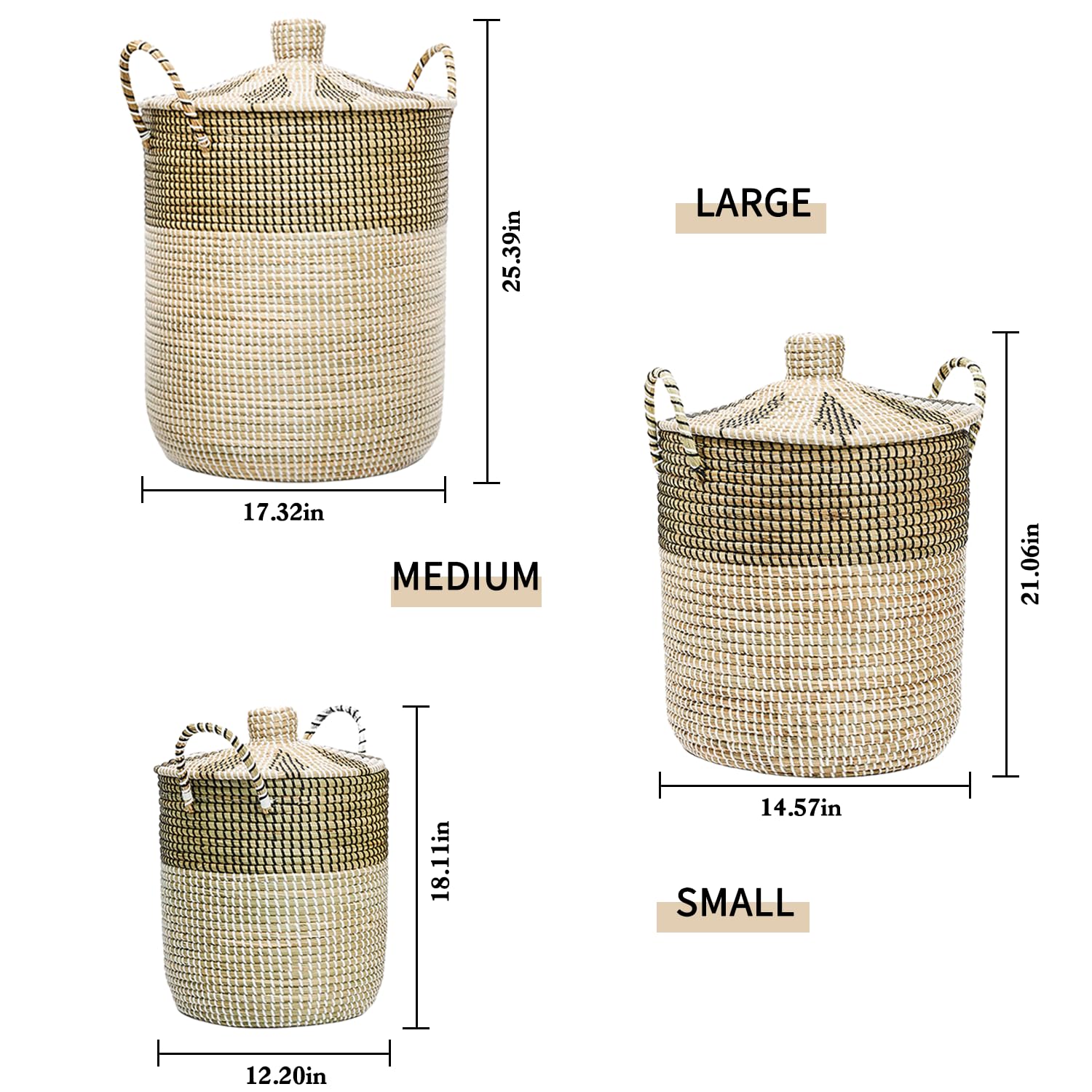 Double Gift Set Of 3 Laundry Baskets Hamper, 75L Seagrass Handwoven Storage Basket With Lid Handles, 100% Natural Vietnamese Wov