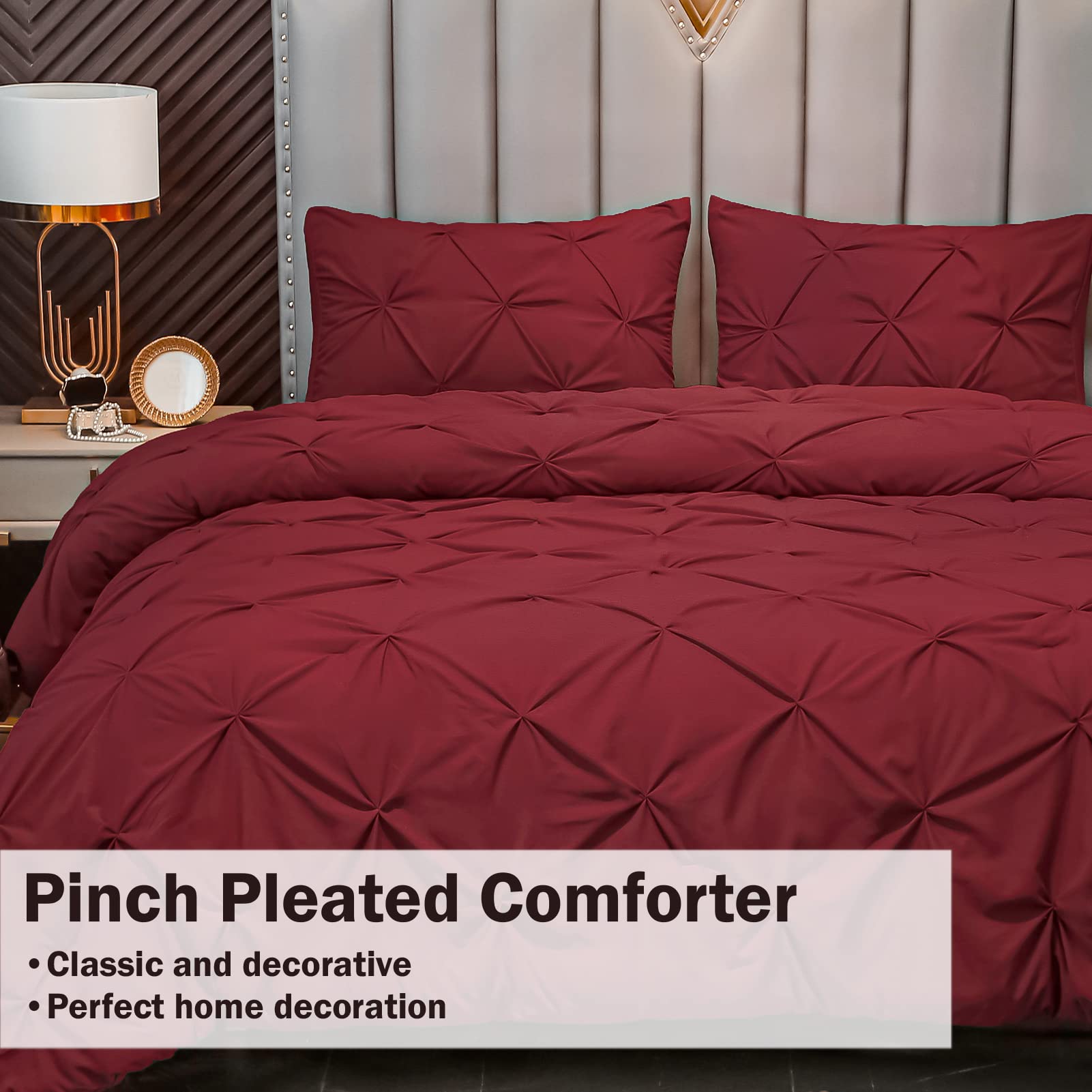 Andency Burgundy Comforter Set Full(79X90Inch), 3 Pieces(1 Pintuck Comforter And 2 Pillowcases) All-Season Pinch Pleat Comforter Set, Soft Lightweight Microfiber Bedding Comforter Set
