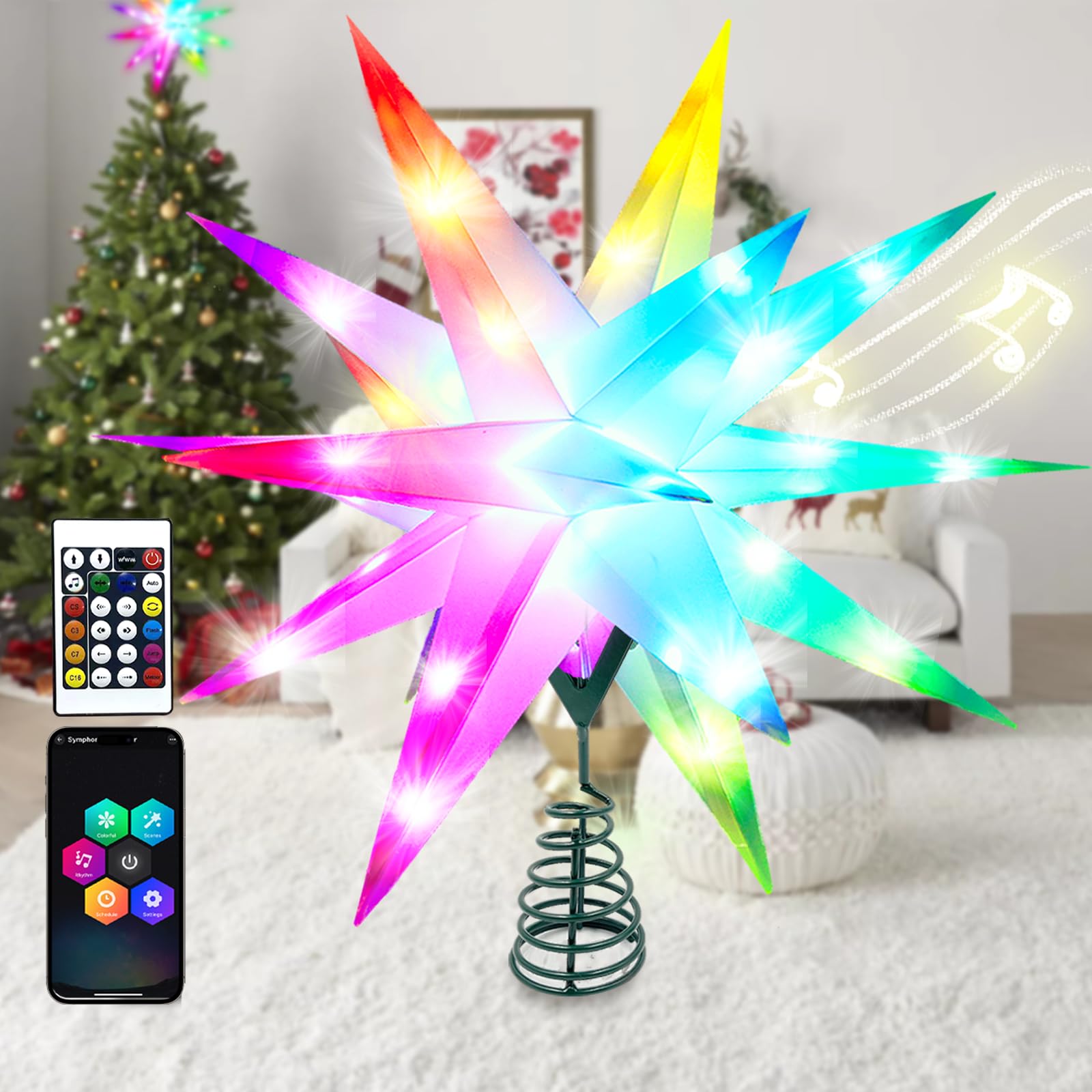 Moravian Star Tree Topper,16inch Moravian Star Outdoor Light Bluetooth App & Remote Control Star Lights,LED Christmas Star Tree 