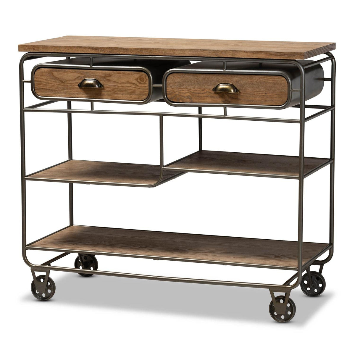 Baxton Studio Brown Finished Wood and Black Finished Metal 2-Drawer Kitchen Cart