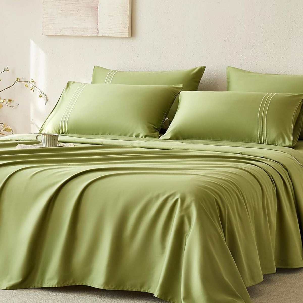 Jellymoni Twin Sheet Sets Green - 400 Thread Count 100% Cotton Sheets, 3 Pieces Silkly Sateen Cotton Sheet Set, Wrinkle Free Hot