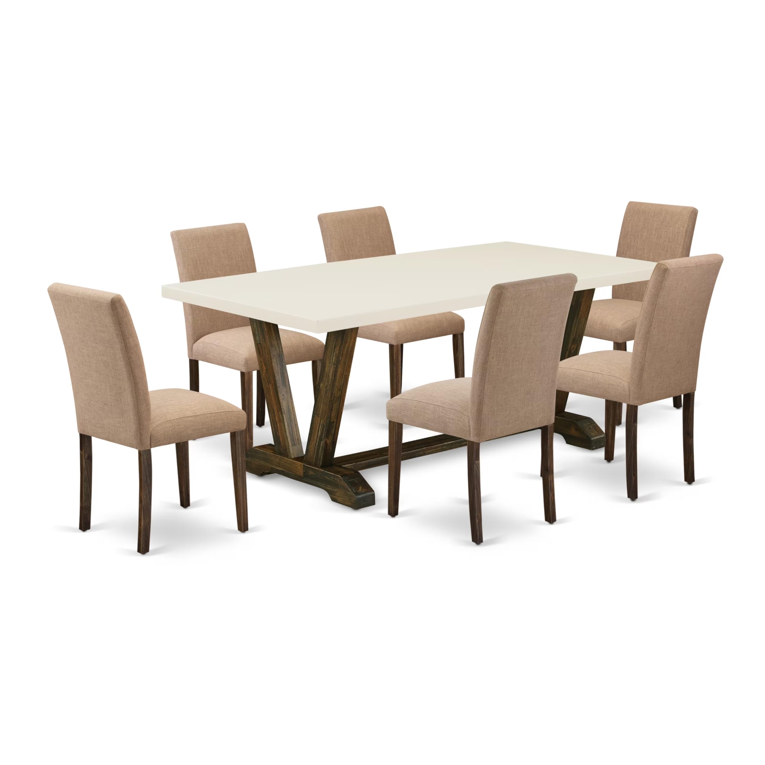 East West Furniture V727Ab747-7 7 Piece Modern Dining Table Set Consist Of A Rectangle Wooden Table With V-Legs And 6 Light Sable Linen Fabric Parson Dining Chairs, 40X72 Inch, Multi-Color