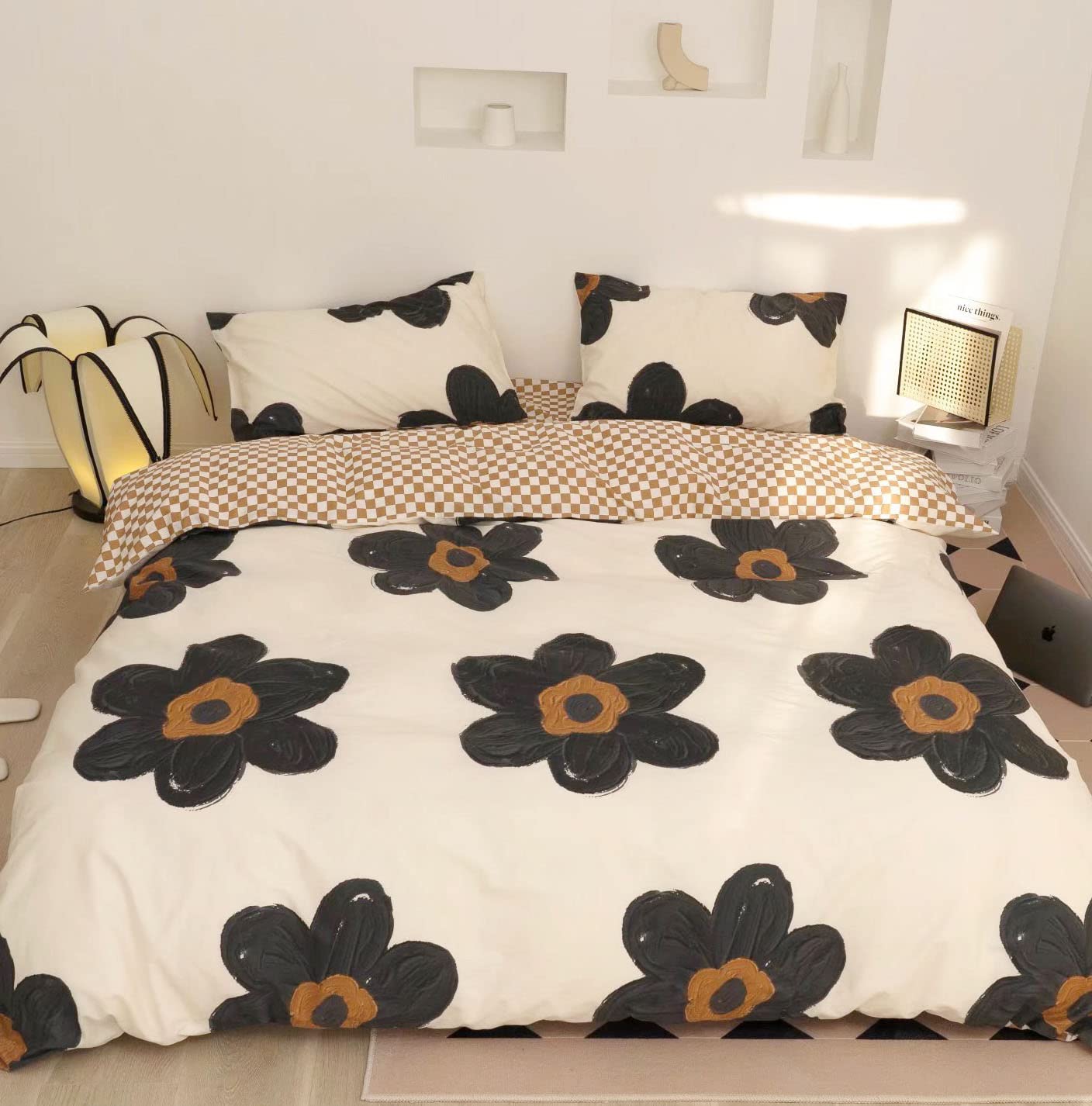Karever Black And White Comforter Set Black Floral Bedding Twin Comforter Set Hand-Drawn Flowers Cotton Women Modern Elegant Chi