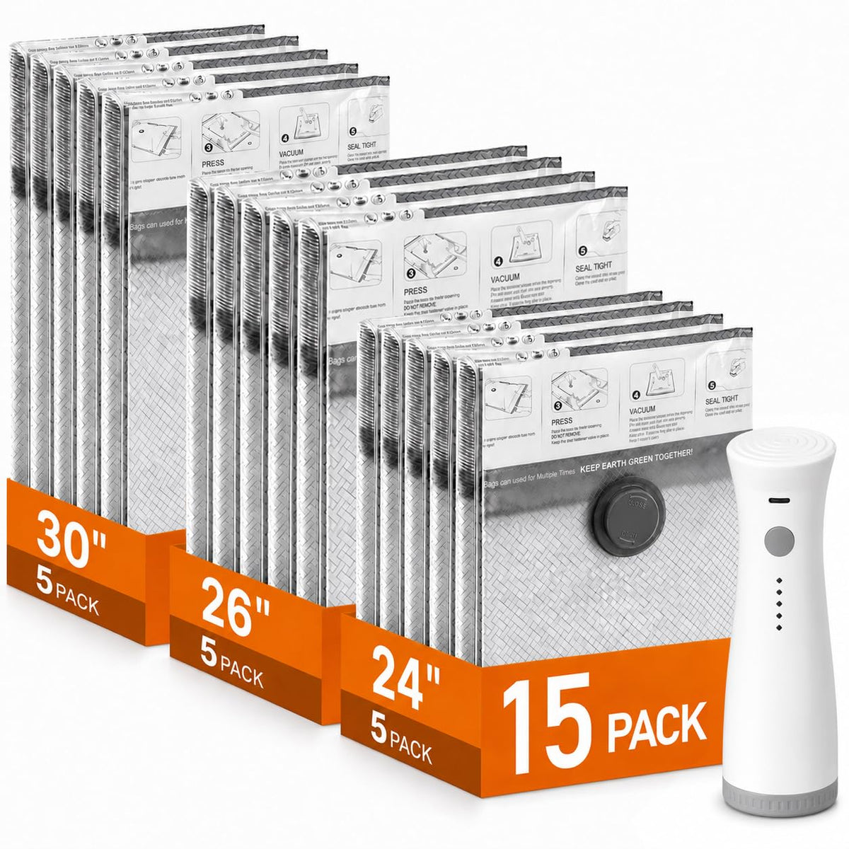 Vacuum Storage Bags with Pump, Space Saver Travel Vacuum Storage Bags for Clothes, Reusable TearProof Compression Packing Cubes