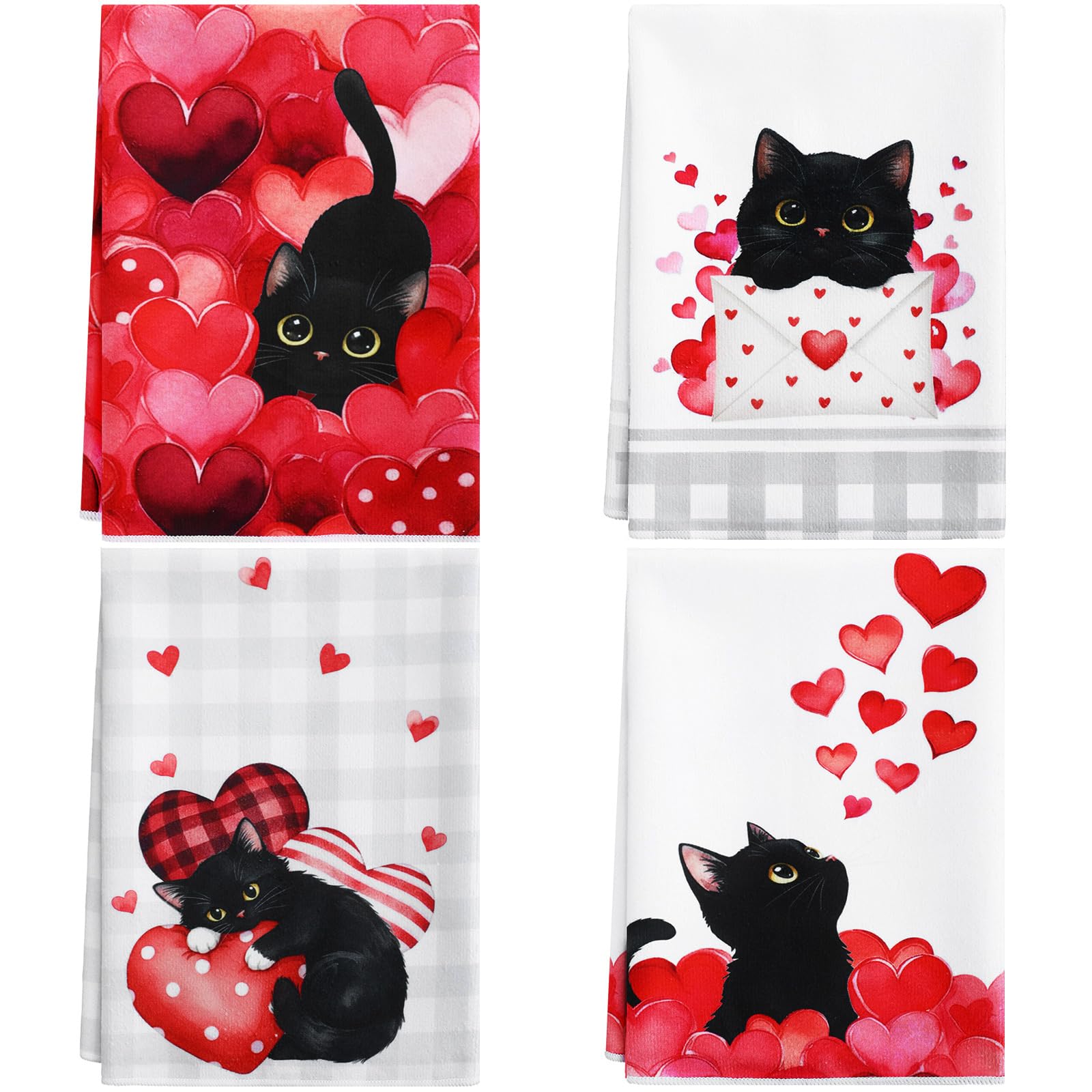 SmoothNovelty 4 Pcs Cats Valentine s Day Kitchen Towels - Black Cat Red Heart Dish Hand Towels Valentines Day Bathroom Decor fo