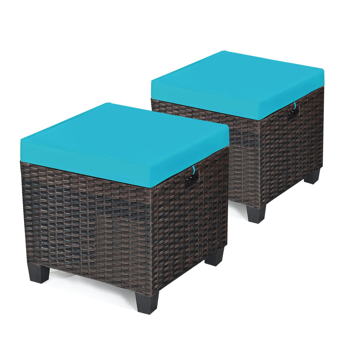 Oralner Set Of 2 Outdoor Ottoman, 16' Wicker Footstools, All-Weather Rattan Cube Foot Stool W/Removable Cushions, Square Footrest Extra Seating For Patio, Porch, Deck, Easy Assembly (Turquoise)