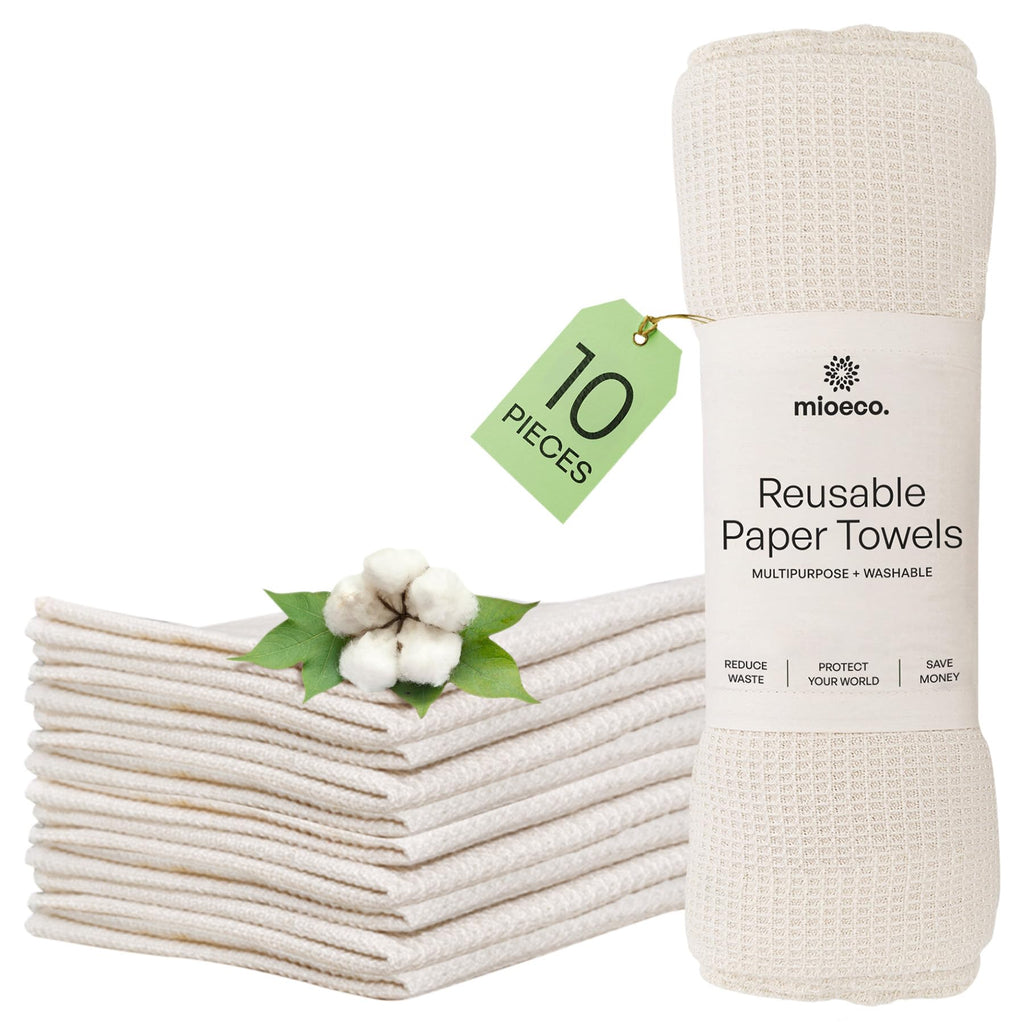 mioeco 10 Pack Kitchen Paper Towels Washable - Super Absorbent Natural Paper Towels - Natural Cotton - Reusable, Paperless Kitch