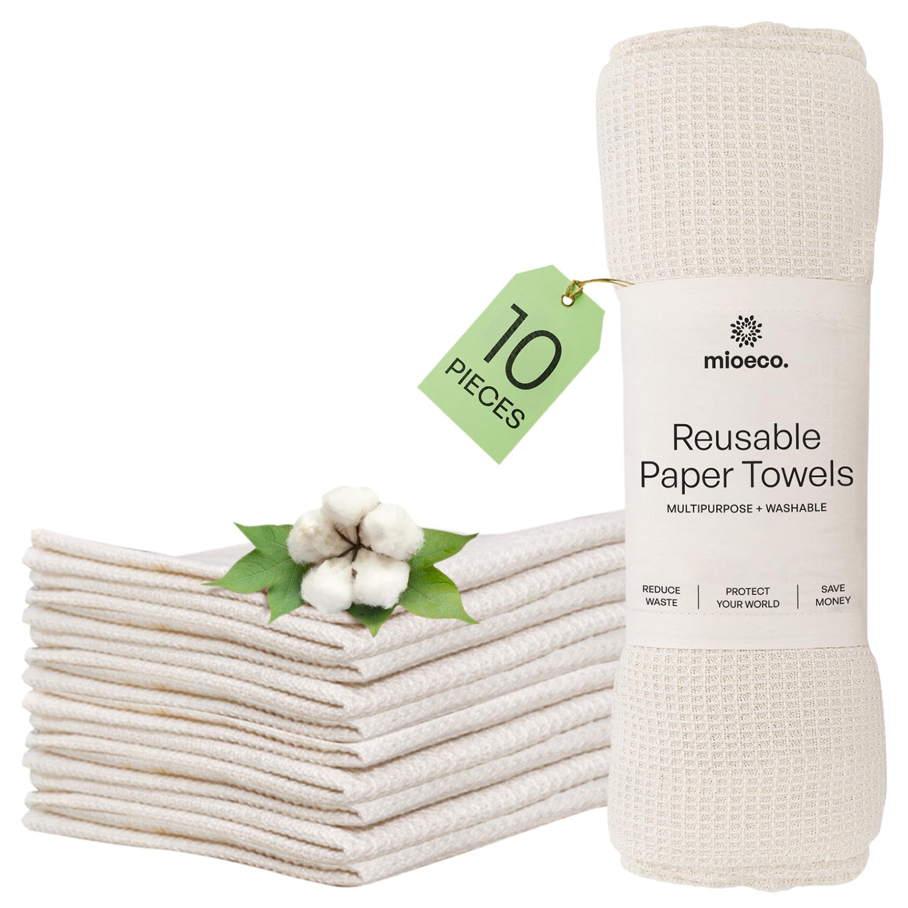 mioeco 10 Pack Kitchen Paper Towels Washable - Super Absorbent Natural Paper Towels - Natural Cotton - Reusable, Paperless Kitch