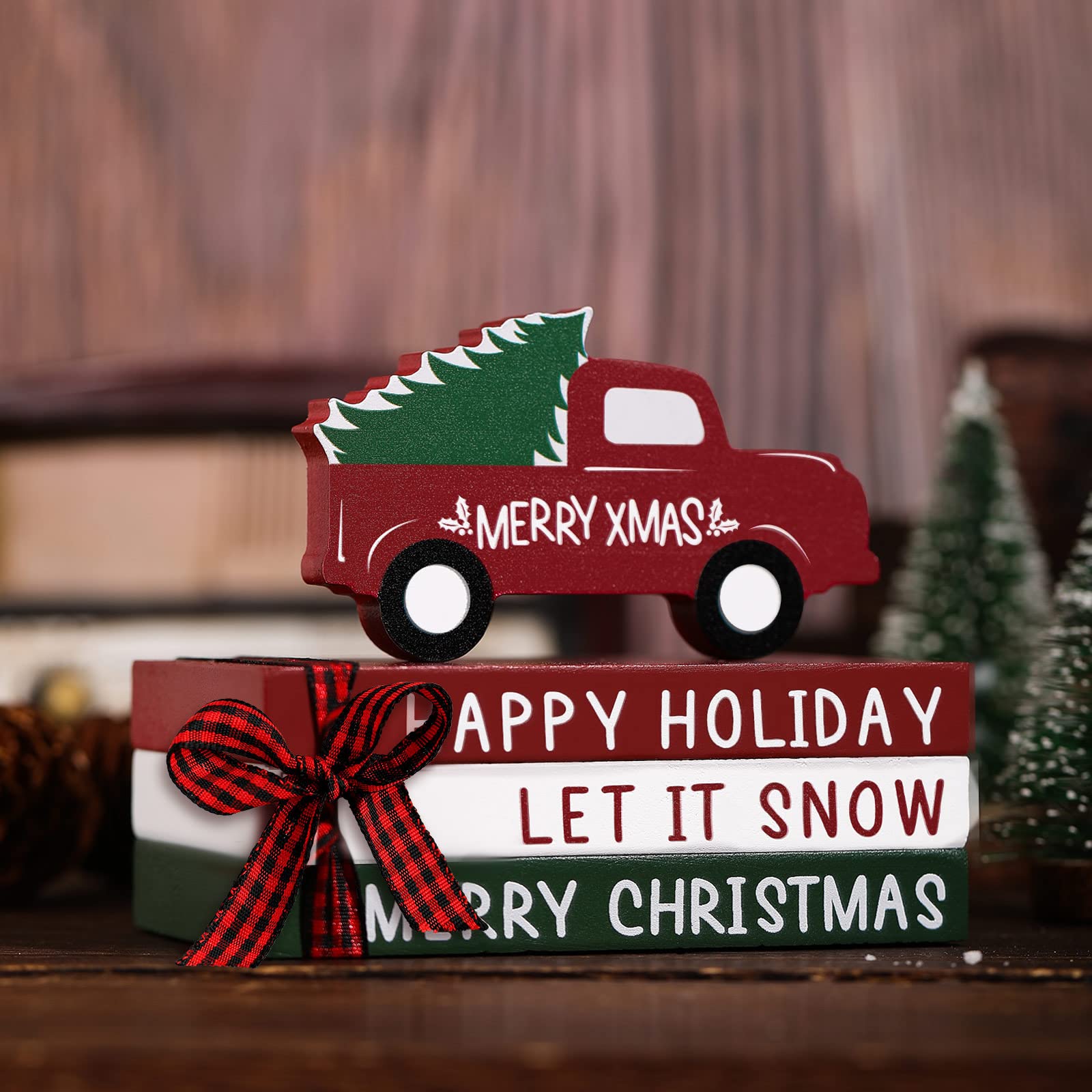Jetec 4 Pieces Christmas Tiered Tray Decor Wooden Truck Tree Decor Farmhouse Table Shelf Decorations Xmas Wooden Decorative Book