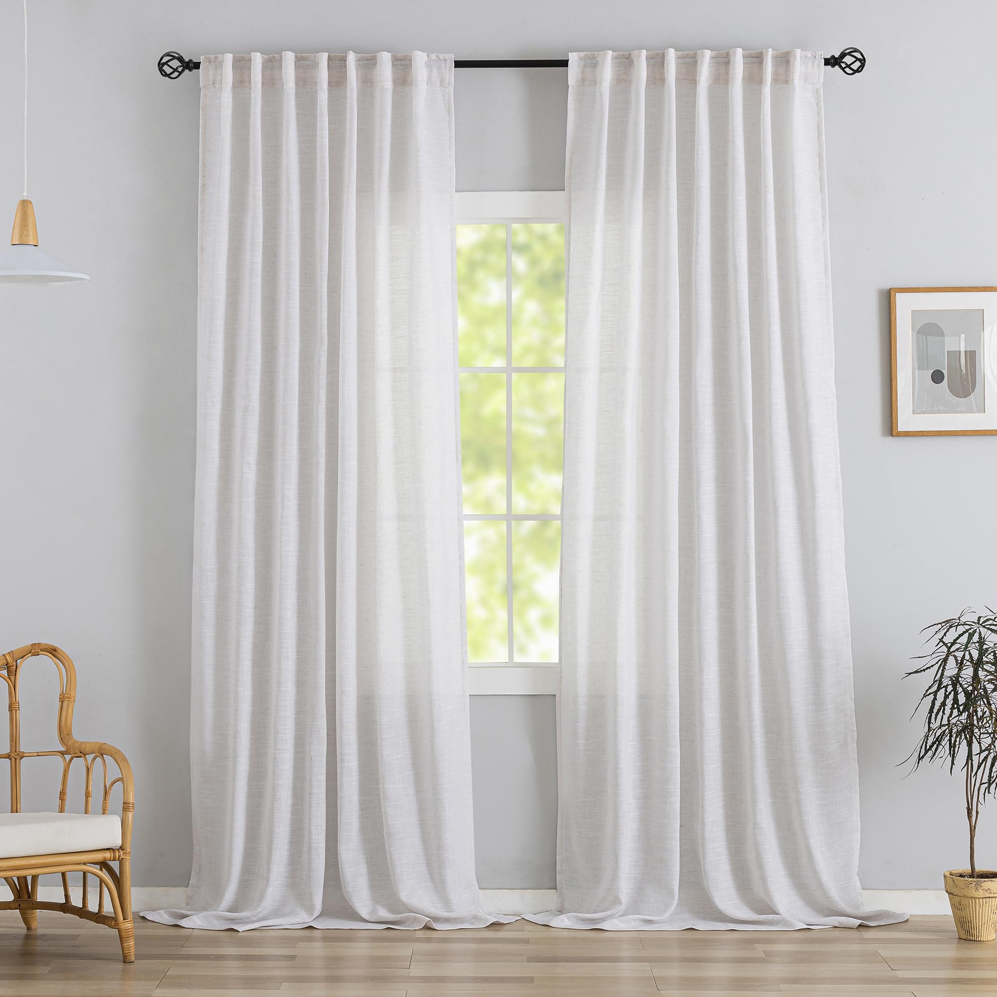 Donren White With Linen Back Tab Curtains 102 Inches Long 2 Panels Set For High Windows - Rustic Hooks Belt Pinch Pleated Look Easy Sliding Curtains Rod Pocket Light Filtering Semi Privacy Drapres