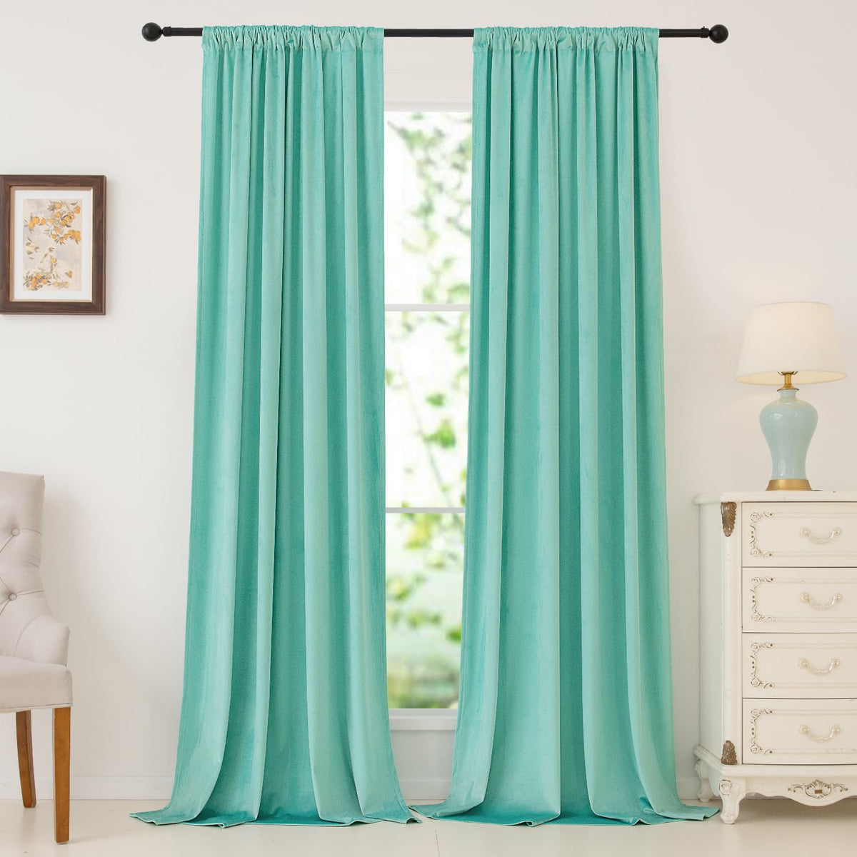 Nanbowang Aqua Green Velvet Curtains 120 Inches Long Soft Curtains Rod Pocket Thermal Insulated Curtains Window Treatment For Be