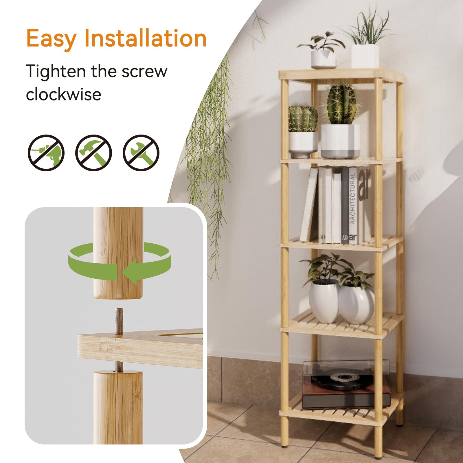 Amazerbath 5-Tier Bamboo Bathroom Shelf, Bathroom Standing Shelves, Multifunctional Shelving Unit For Living Room Bedroom Kitchen, Natural Color