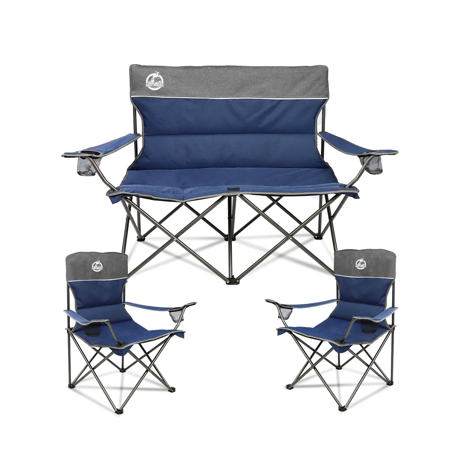 Northroad Outdoor Camping Chair Set of 3,Folding Padded Camp Chair,Collapsible Conversation Set w/1 Sofa,2 Single Chairs for Fam