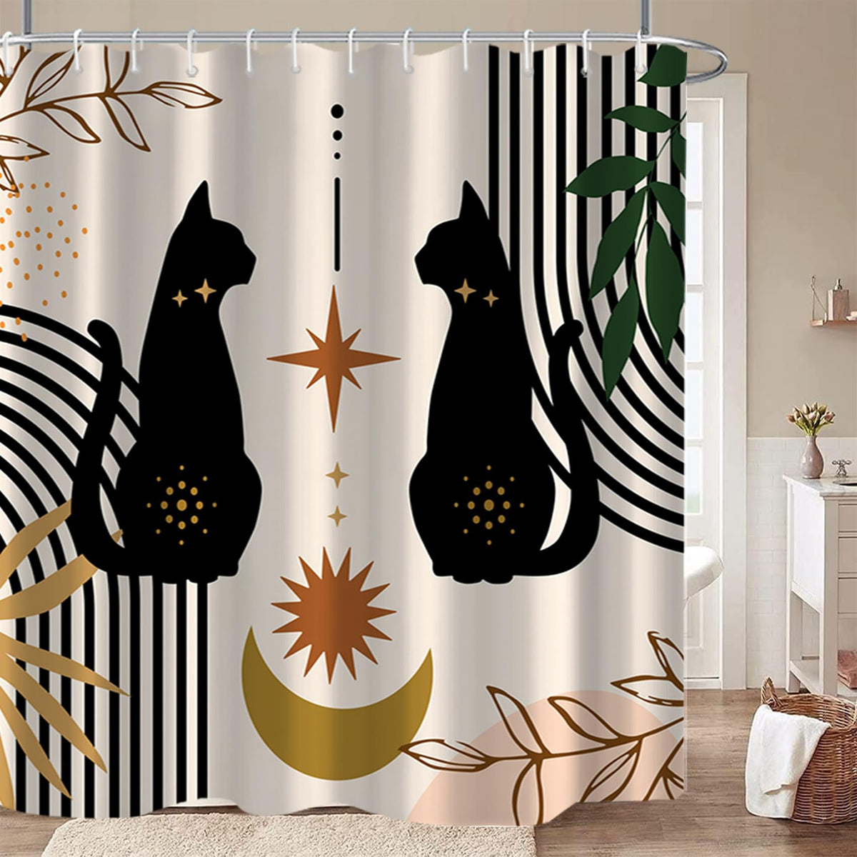 AWERT Boho Mid Century Shower Curtain Cute Cat Shower Curtain for Bathroom with Hooks Minimalist Abstract Fabric Shower Curtain 