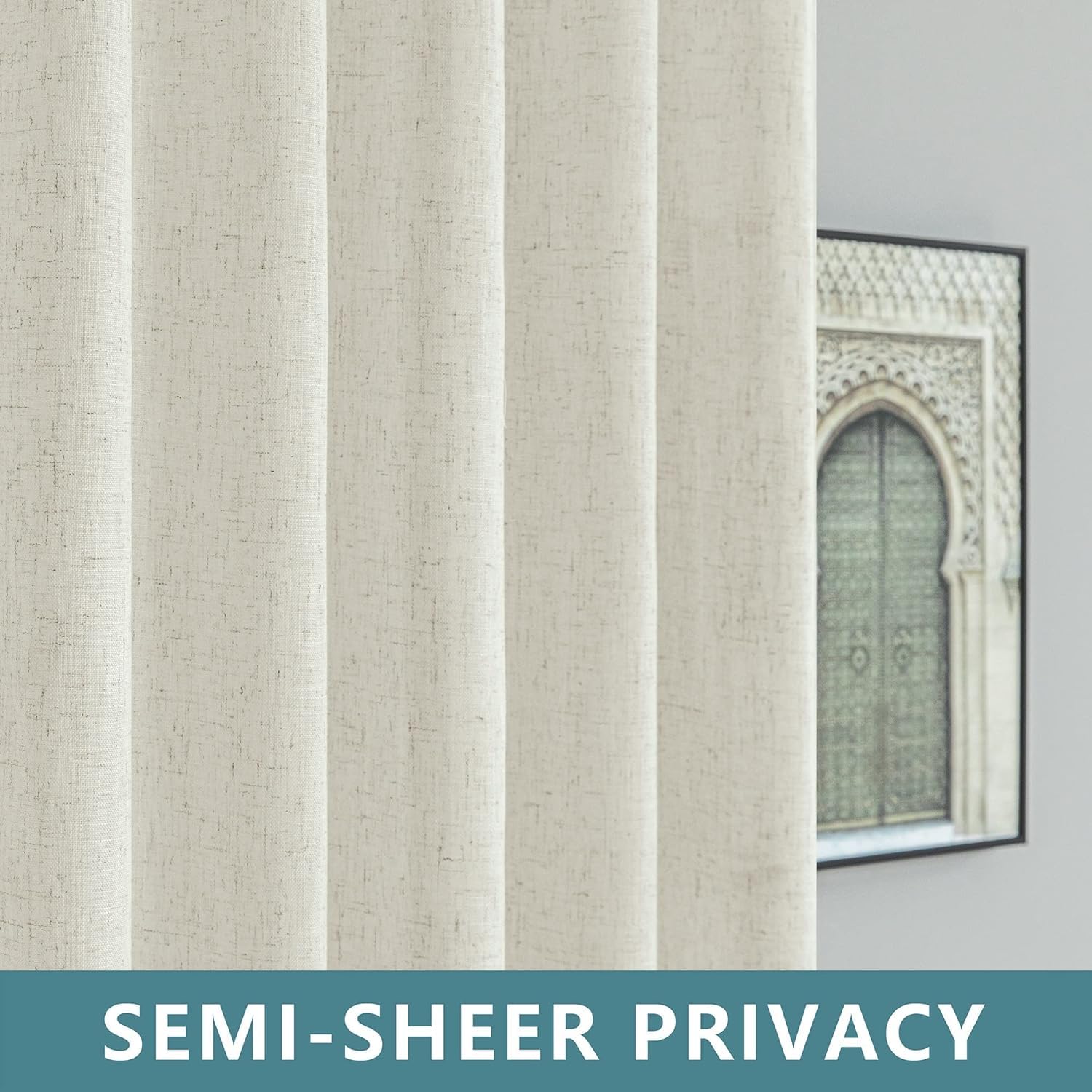 Koufall 102 Inches Long Curtains,Sheer Linen Semi Light Filtering Boho Style Country Farmhouse Custom Curtains With Design,Cream Ivory Off White