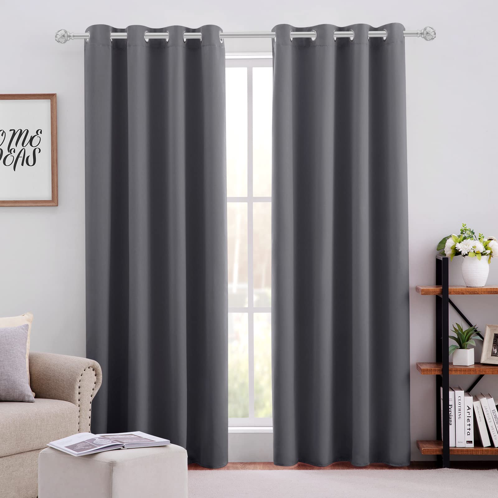 Homeideas Grey/Gray Blackout Curtains For Bedroom 52 X 84 Inch Long 2 Panels Set Room Darkening Curtains/Drapes, Soundproof Ther