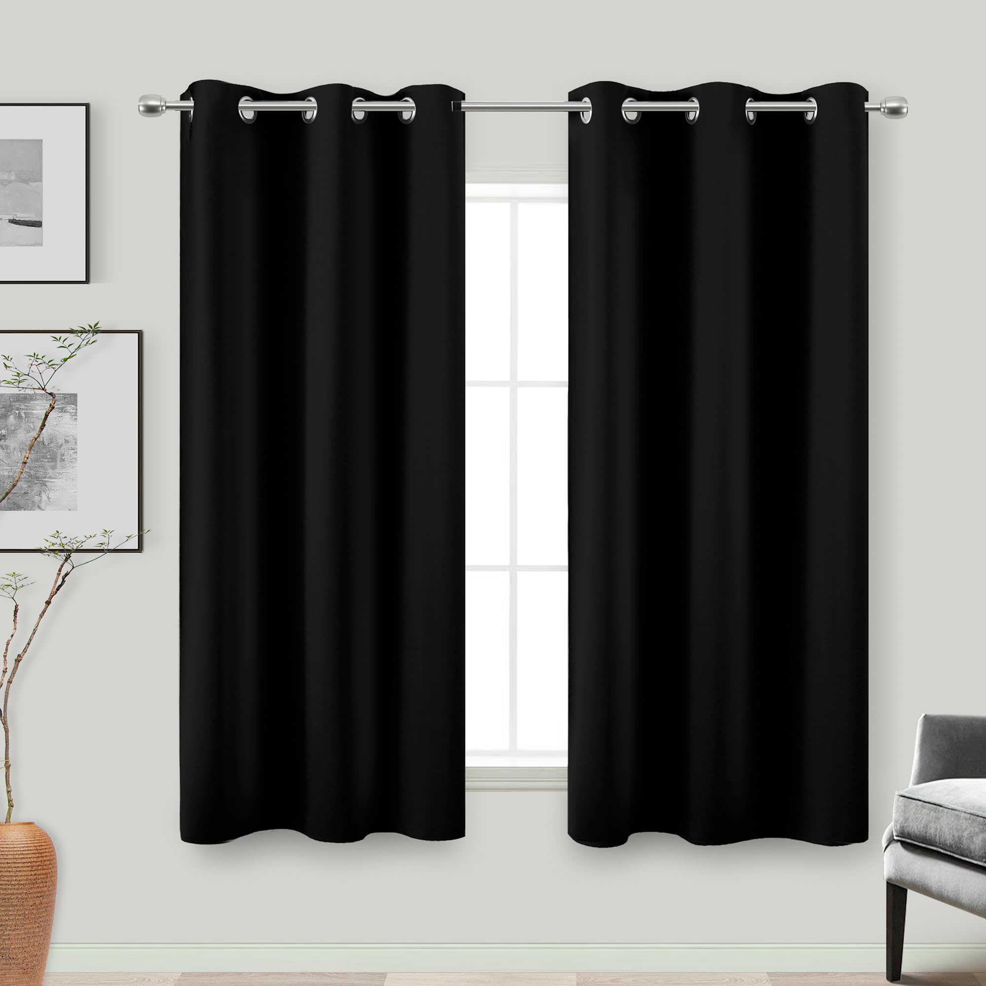 Koufall Black Blackout Curtains For Bedroom 2 Panels 54 Inch Length Sundown Grommet Insulated Thermal Light Blocking Room Darkening Short Solar Curtains For Living Room Office,42X54 Inches Long
