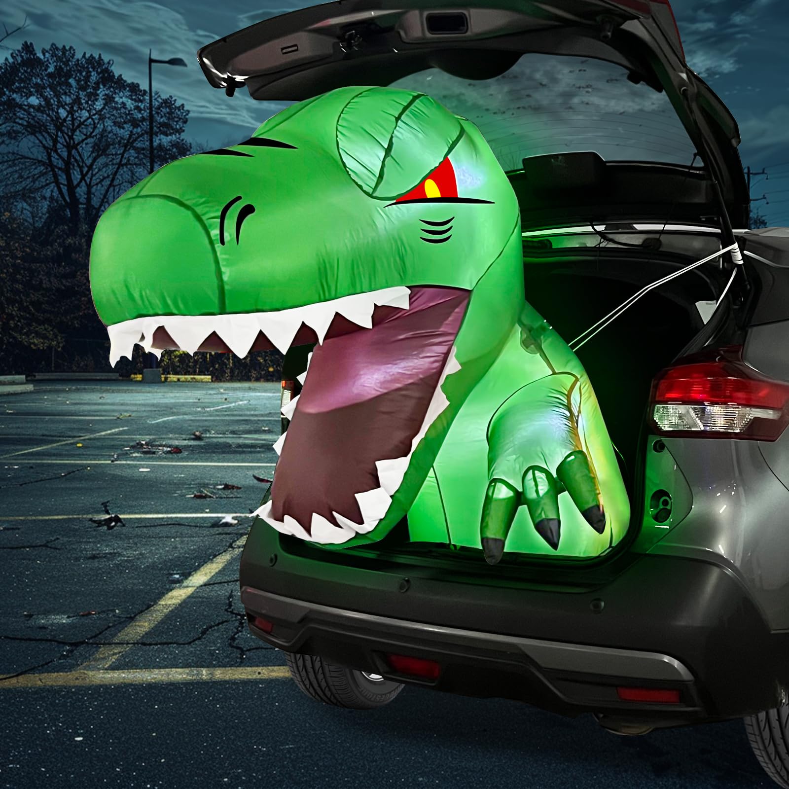 3.7 Ft Halloween Inflatable Dinosaur Trunk Or Treat Car Decorations With Build-In Leds, Halloween Blow Up Dinosaur Broke Out Fro