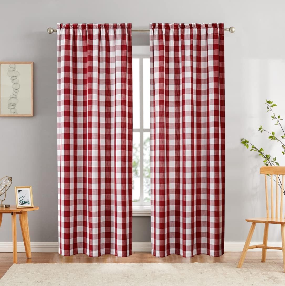 Bapawfish Red White Buffalo Plaid Window Curtain Panels 90 Inches Length,Gingham Semi Sheer Drapes For Bedroom Living Room,Farmh