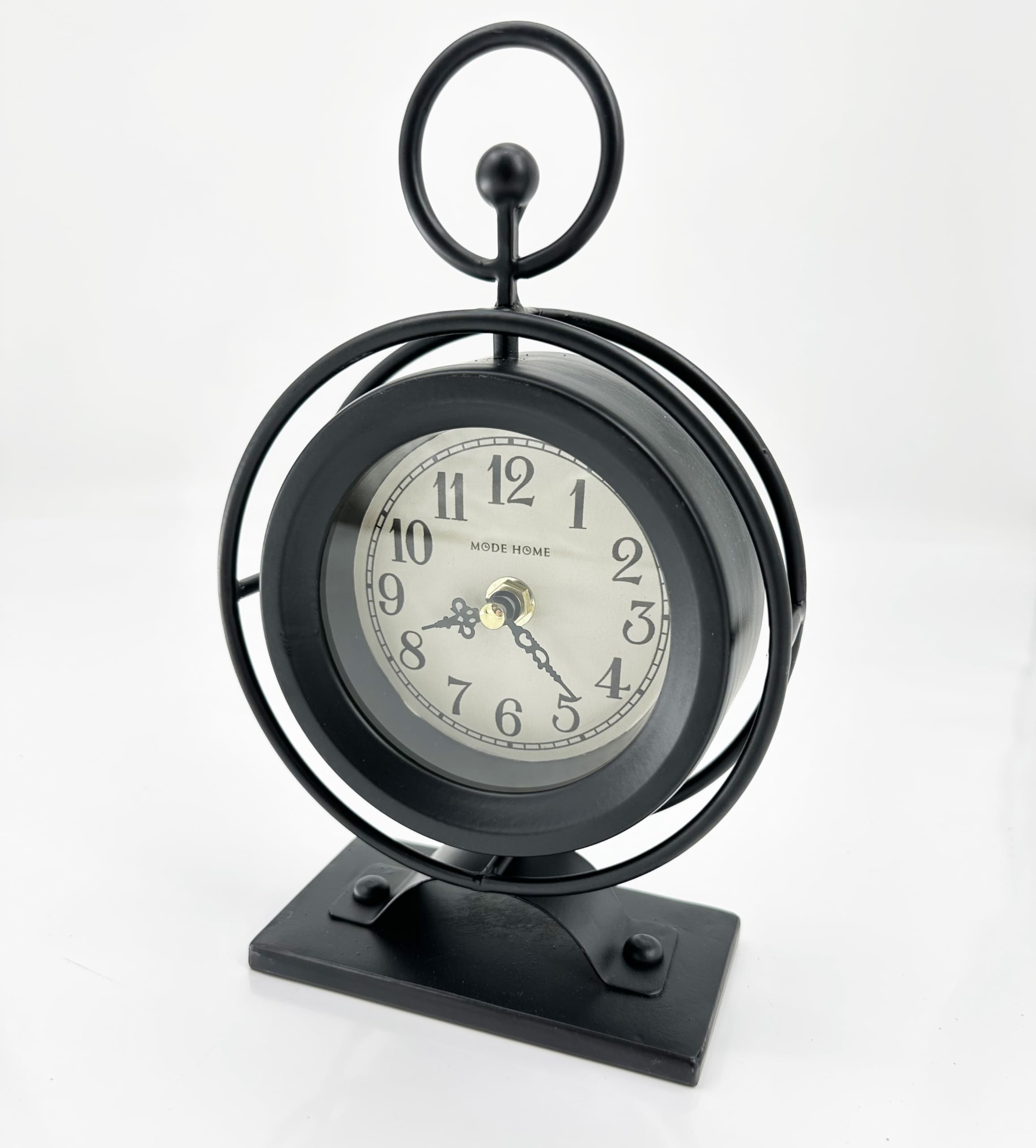 MODE HOME Vintage Metal Table Clock on Stand, Decorative Desk and Shelf Clock, Rustic Black Mantel Clock for Kitchen, Living Roo