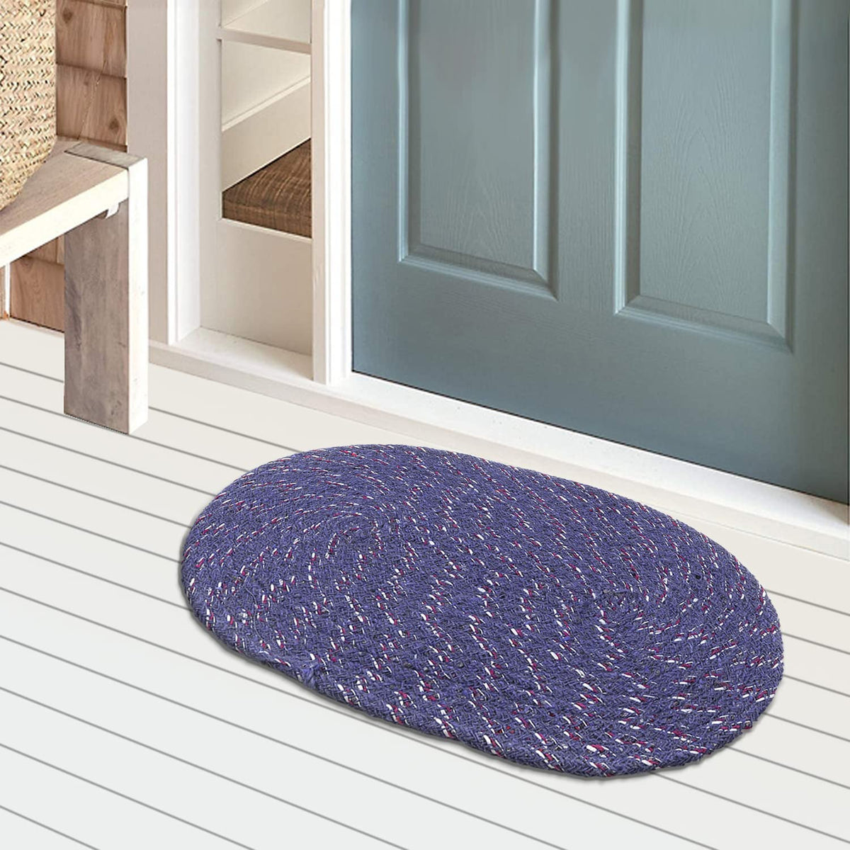 Kuber Industries Cotton Oval Door Mat for Porch/Kitchen/Bathroom/Laundry Room(Blue) 54KM3956 Standard