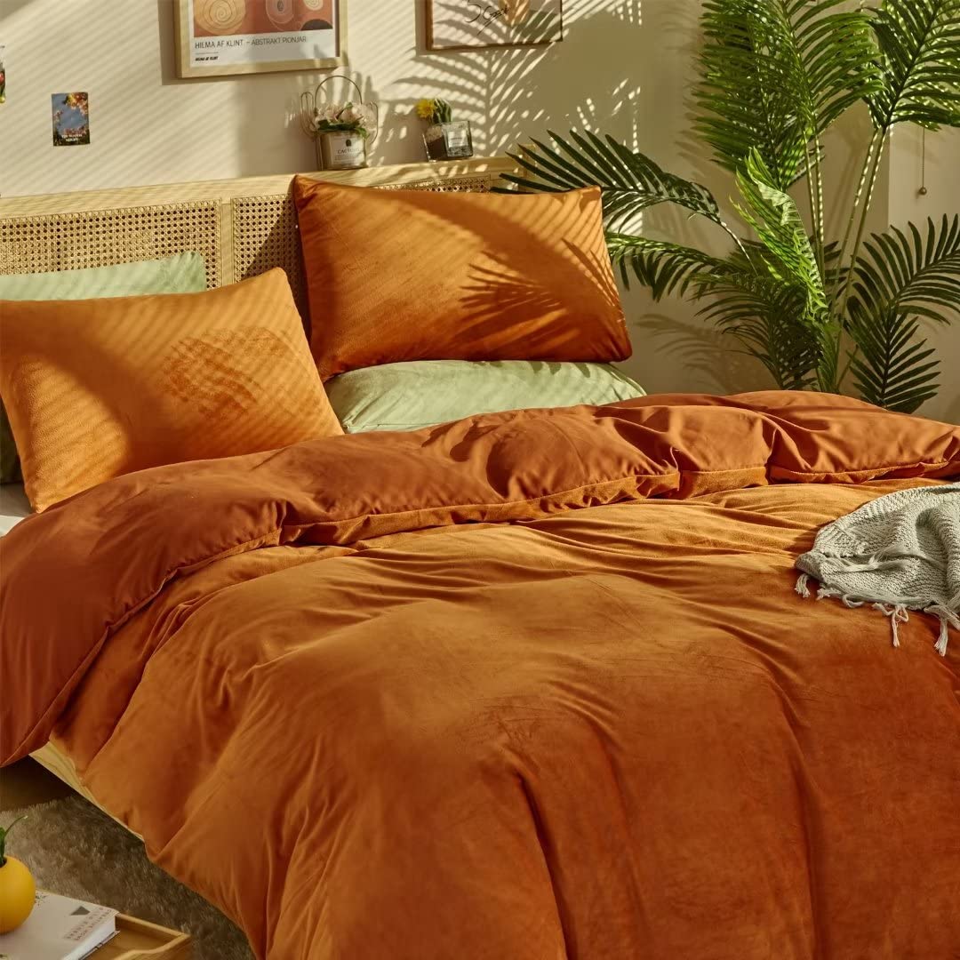 CLOTHKNOW Burnt Orange Velvet California King Comforter Set - Soft Fluffy Terracotta Bed Cover for Ultimate Comfort
