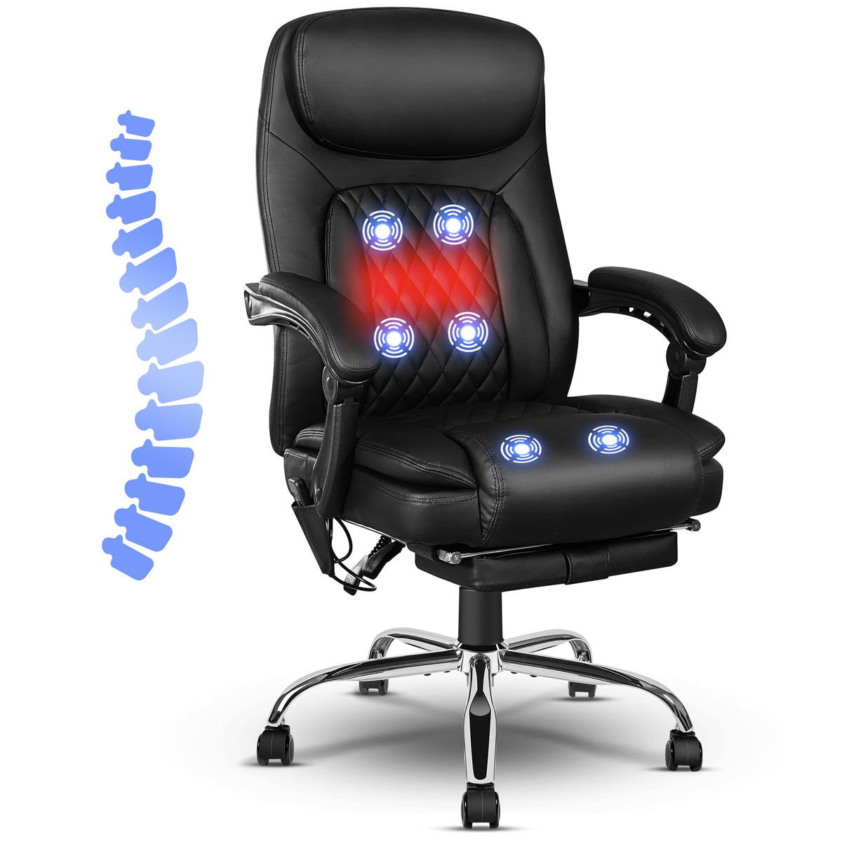 Jamege 6 Point Massage Office Chair, Pu Leather Ergonomic Vibrating Massage Executive Desk Chair With Heating Function, Footrest