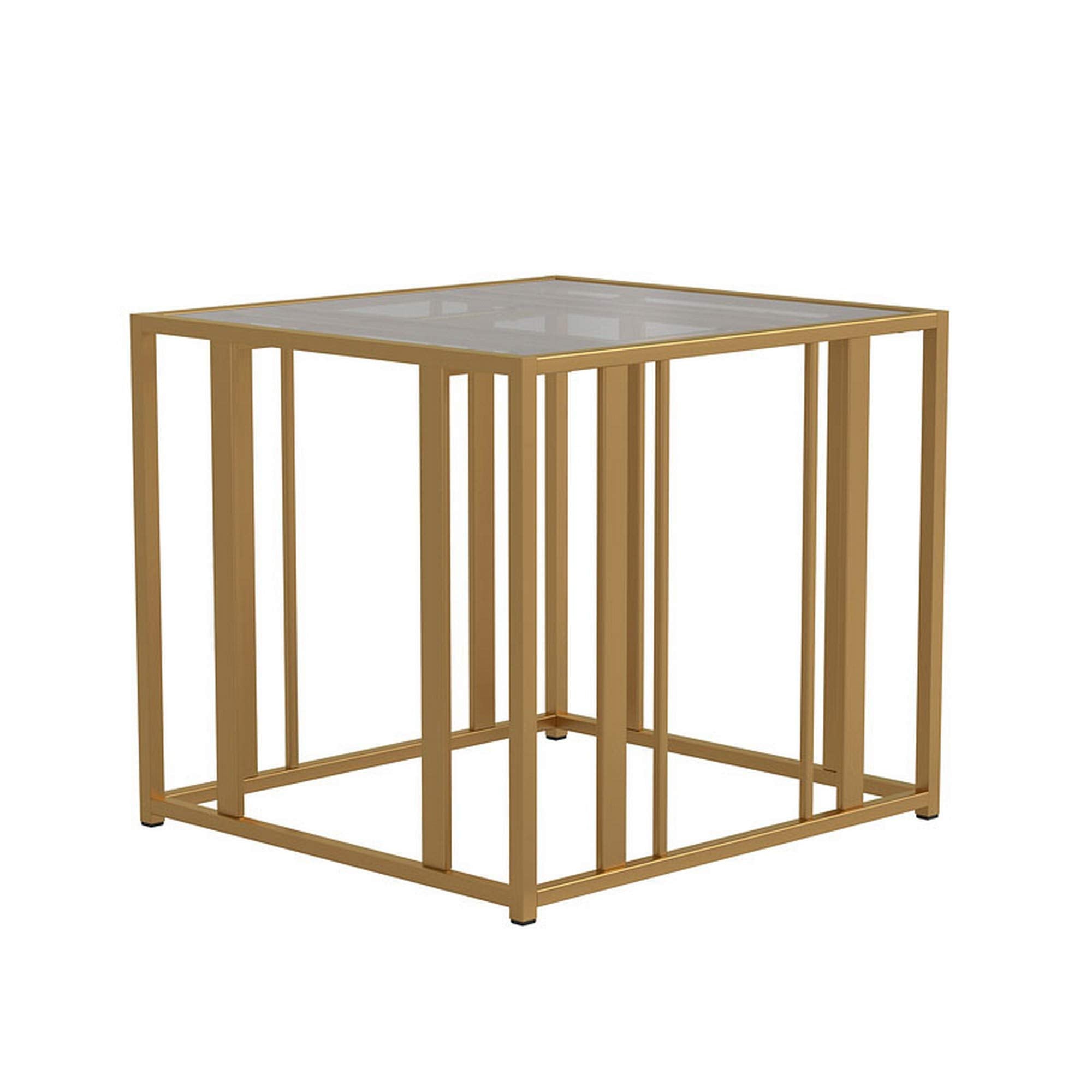 Benjara Glass Top End Table With Metal Tubular Base, Brass