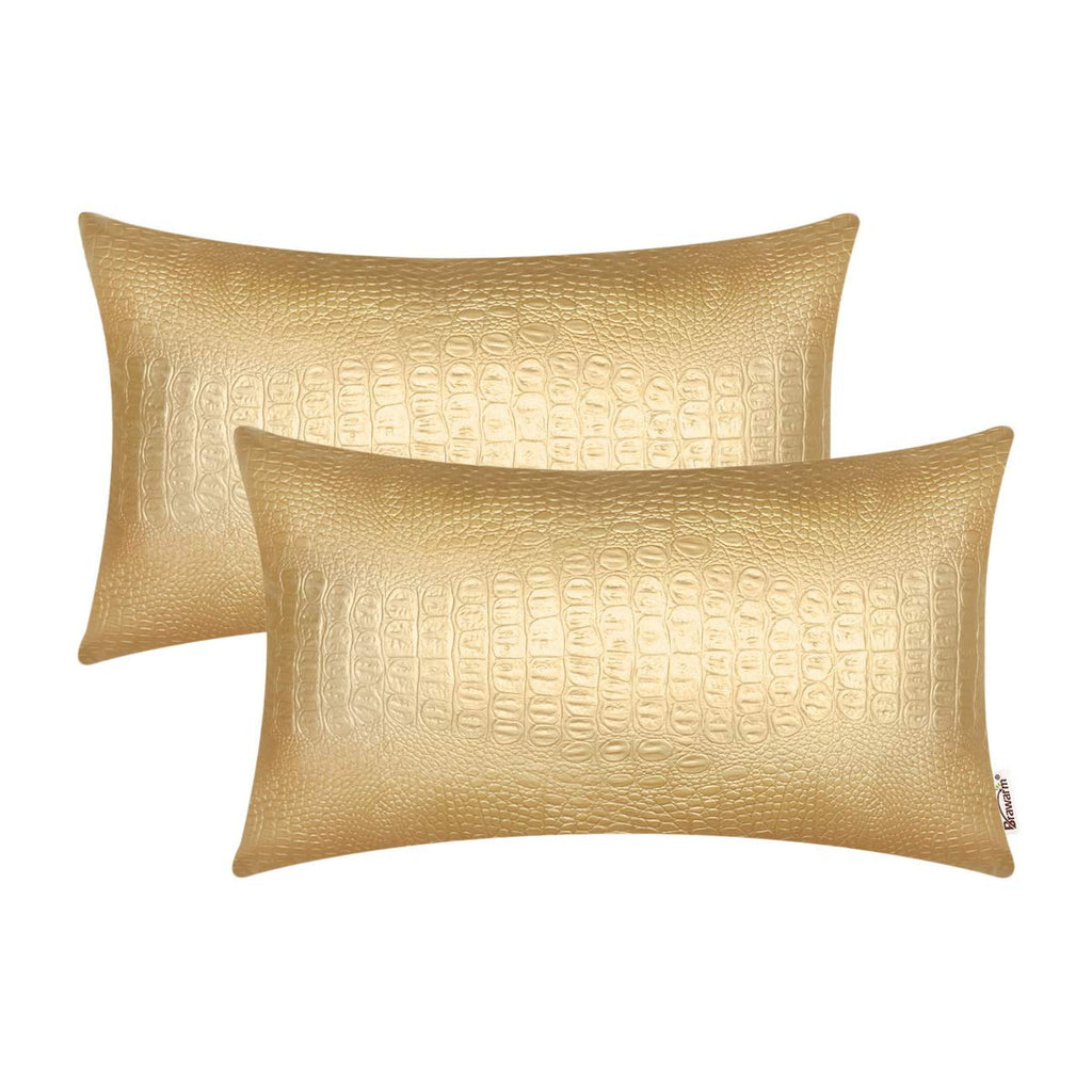 BRAWARM Faux Leather Pillow Covers 12 X 20 Inches, Gold Leather Pillow Covers Pack of 2, Crocodile Leather Decorative Lumbar Thr
