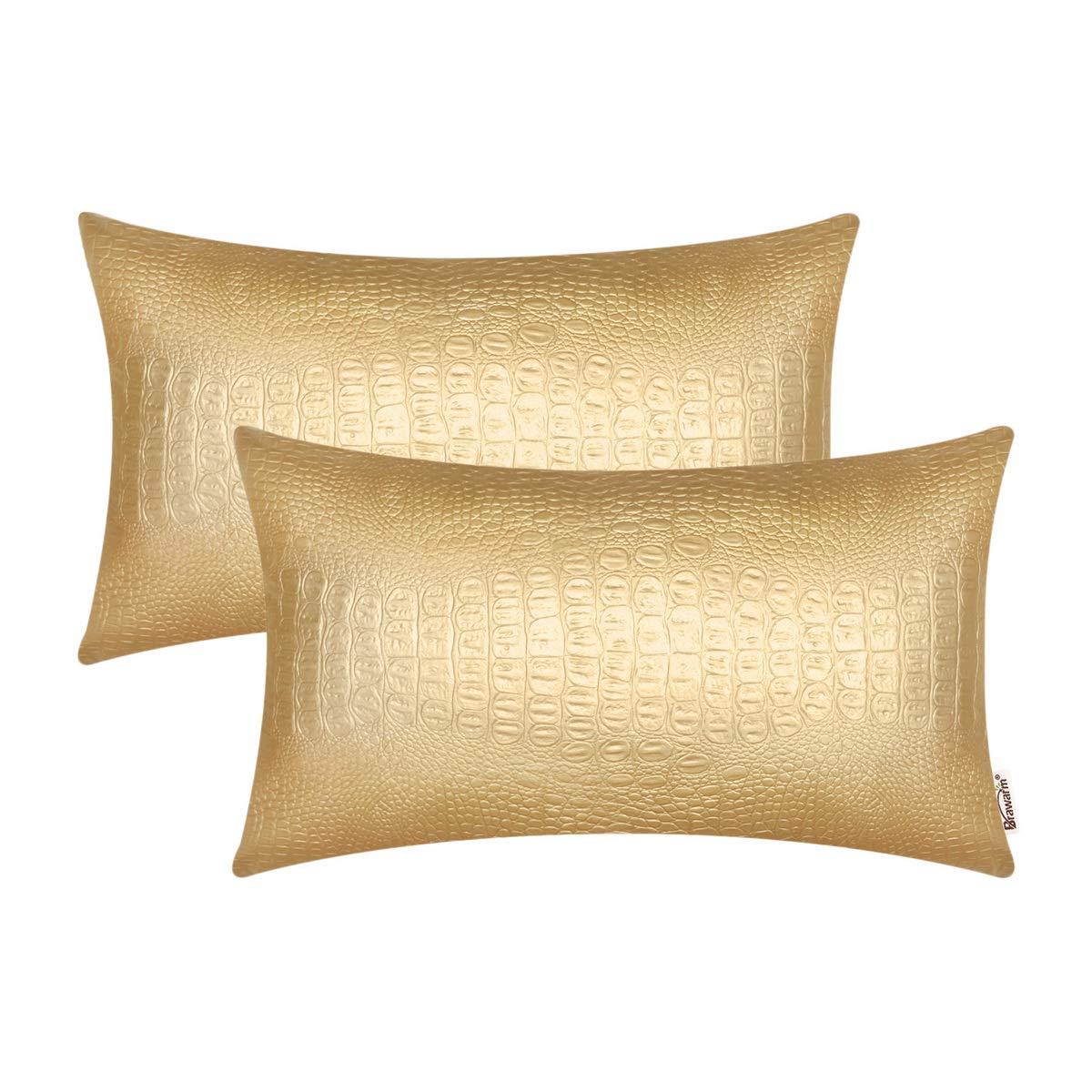 BRAWARM Faux Leather Pillow Covers 12 X 20 Inches, Gold Leather Pillow Covers Pack of 2, Crocodile Leather Decorative Lumbar Thr